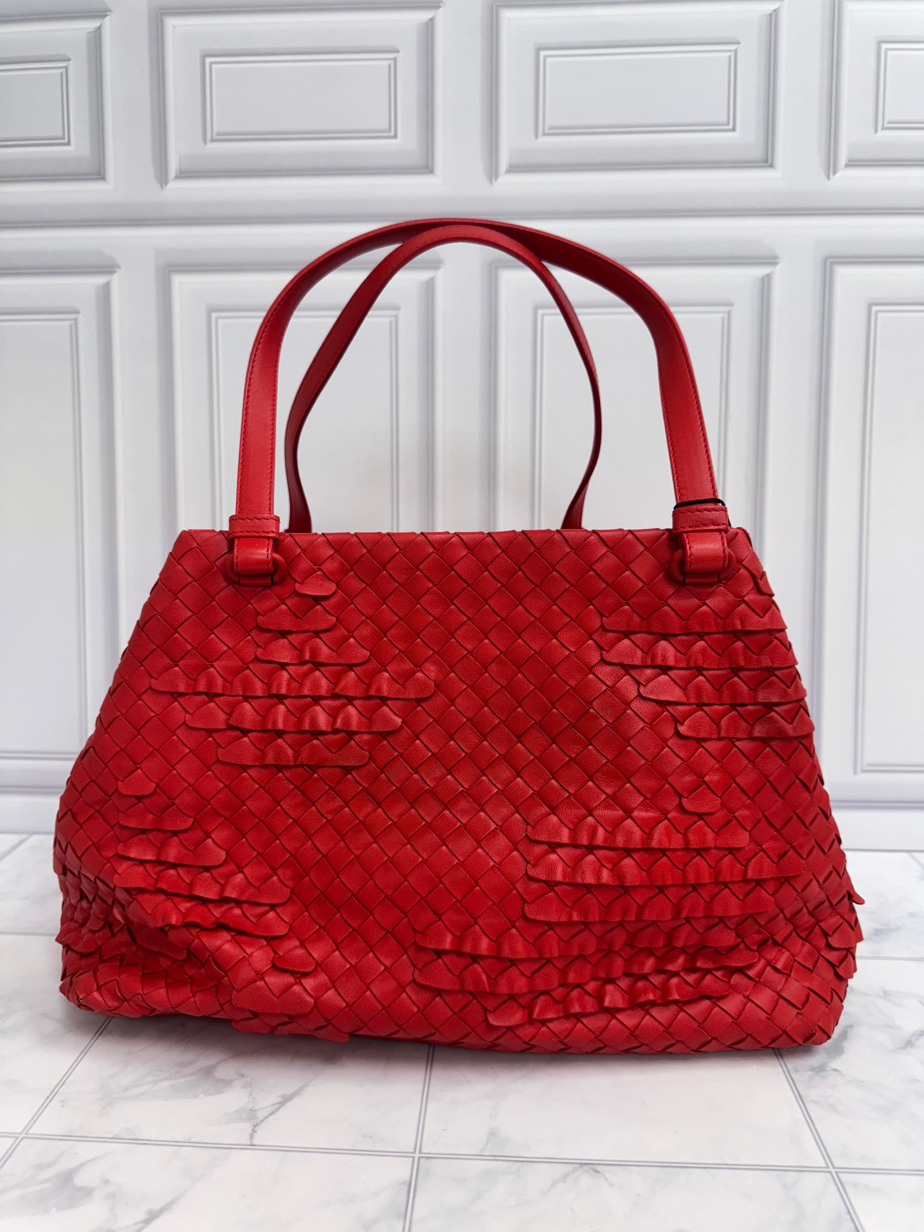 Bottega Veneta Red Intrecciato Leather Ruffle Tote