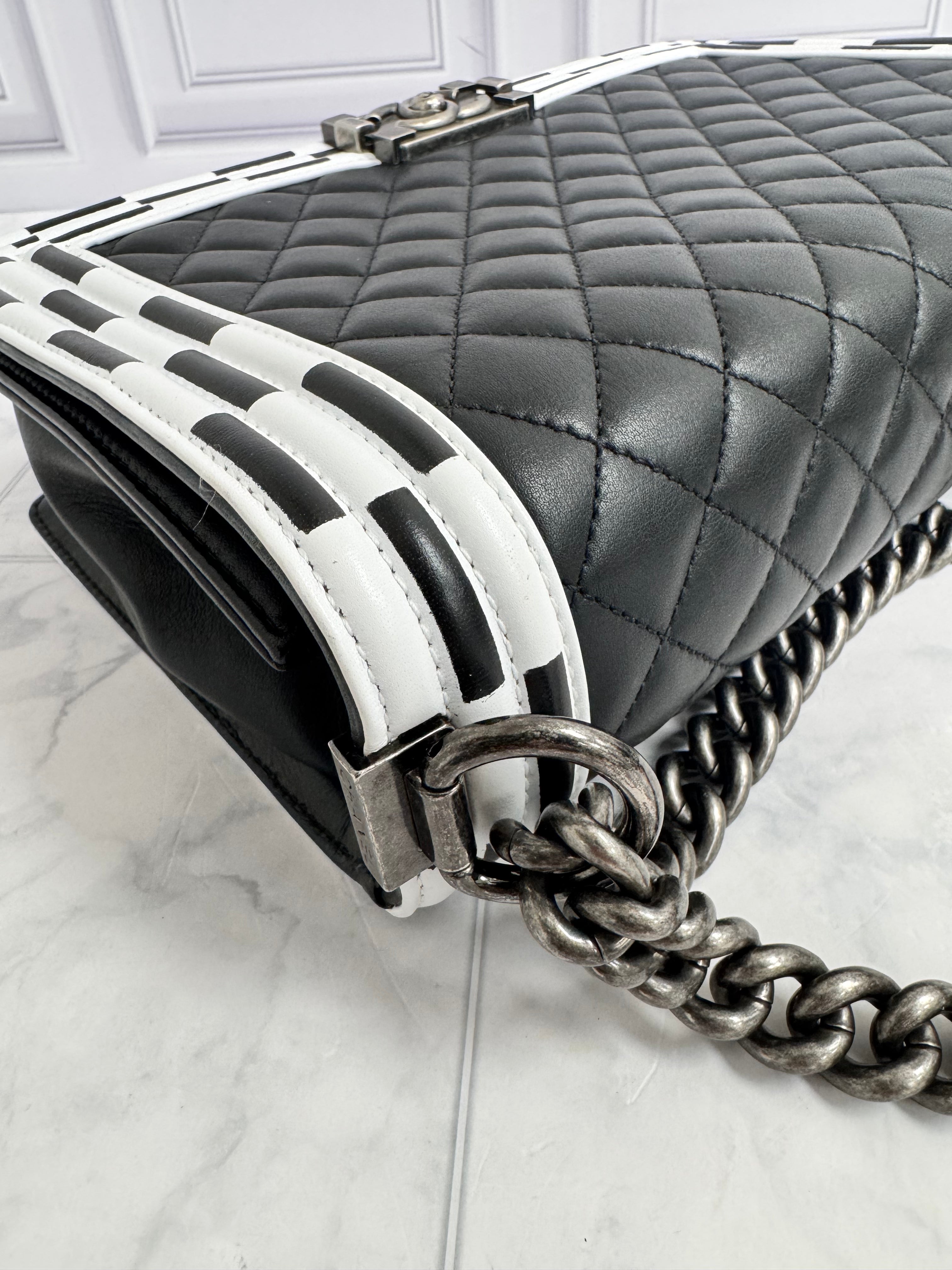 Chanel Black Diamond Quilted Leather Checkerboard Trim Medium Boy Bag