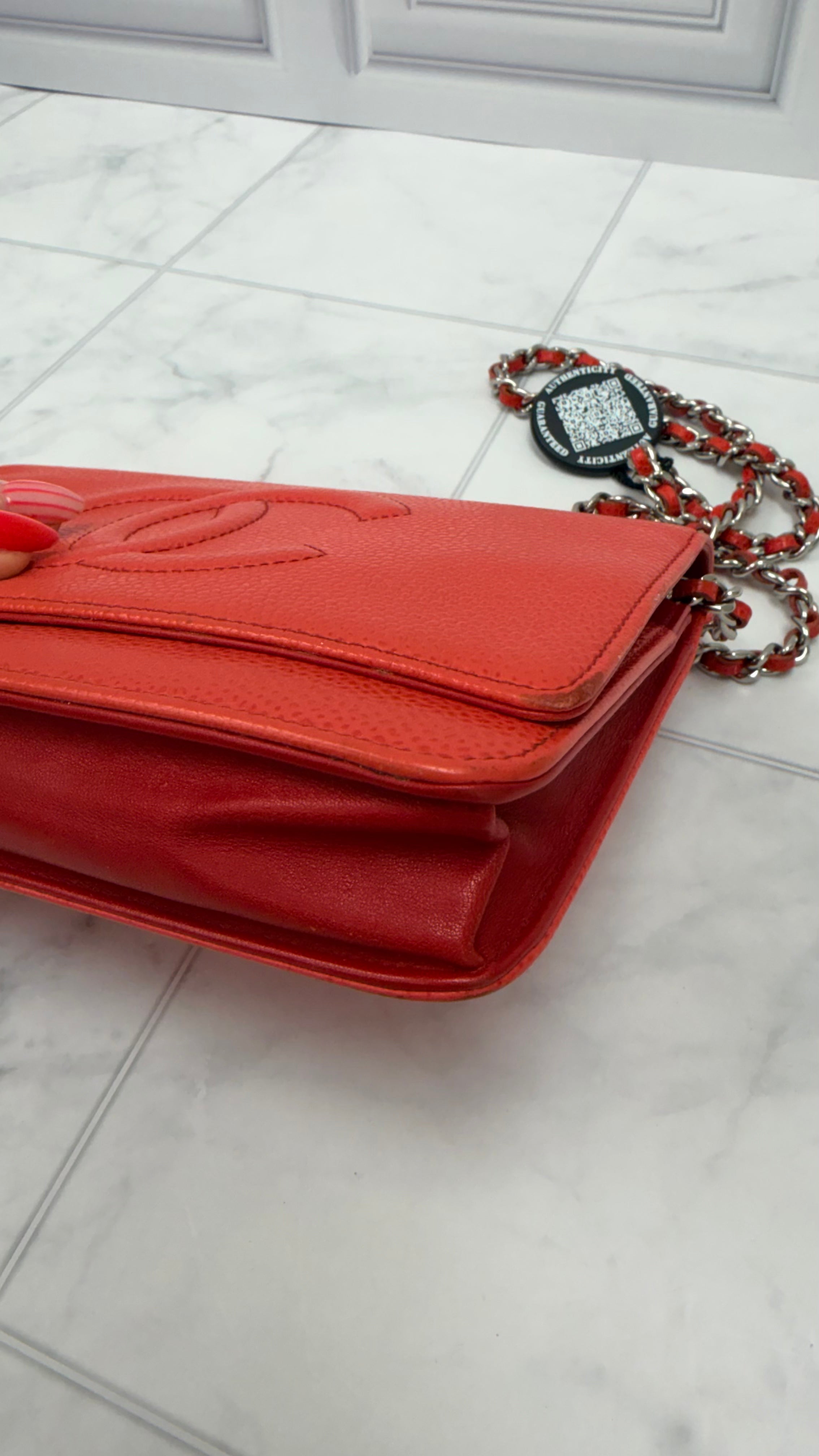 *DONS DROP* Chanel Orange & Red Caviar Leather Timeless Wallet on a Chain