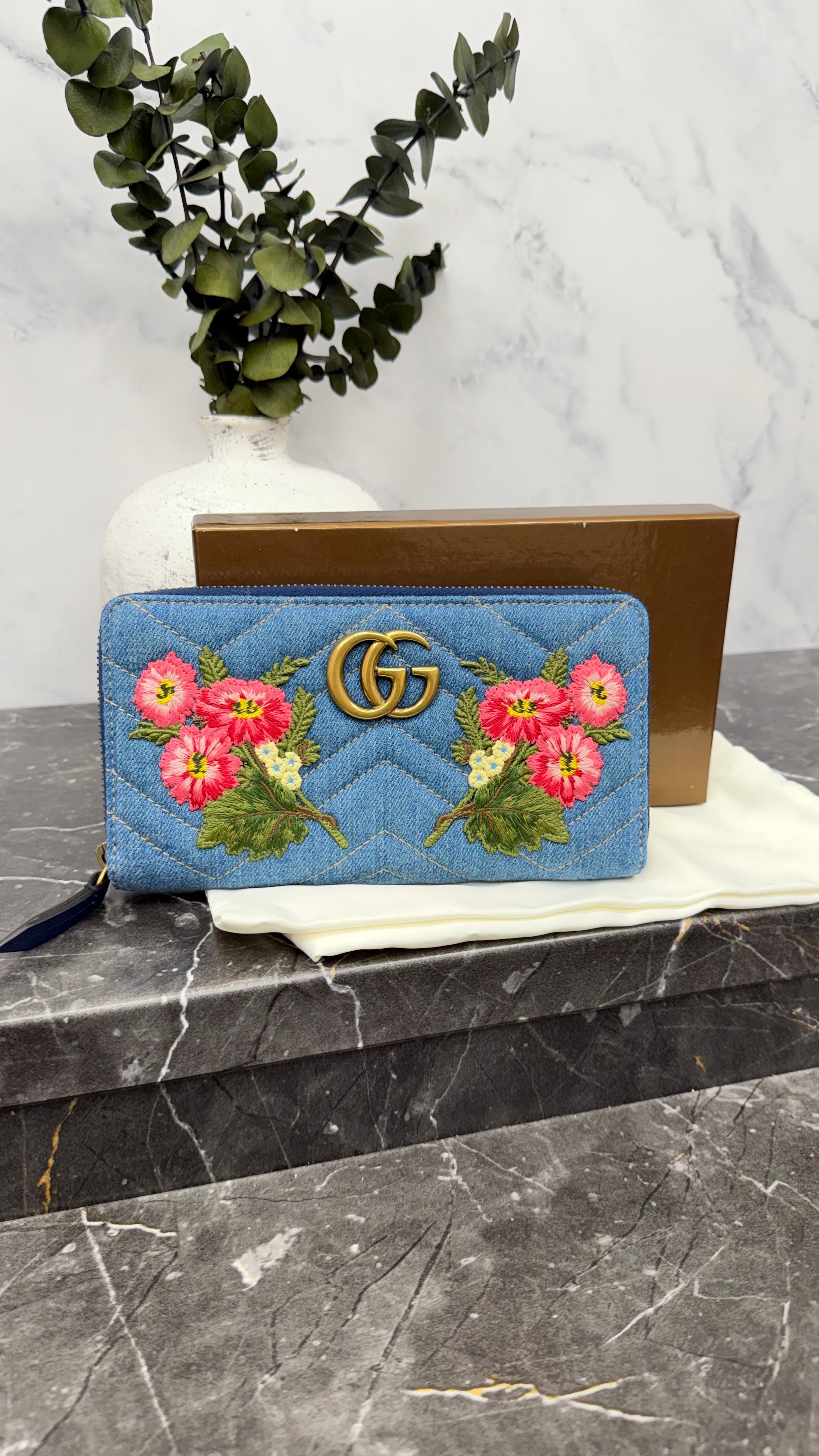 LIKE NEW- Gucci Denim Chevron Floral Embroidery Zippy Wallet