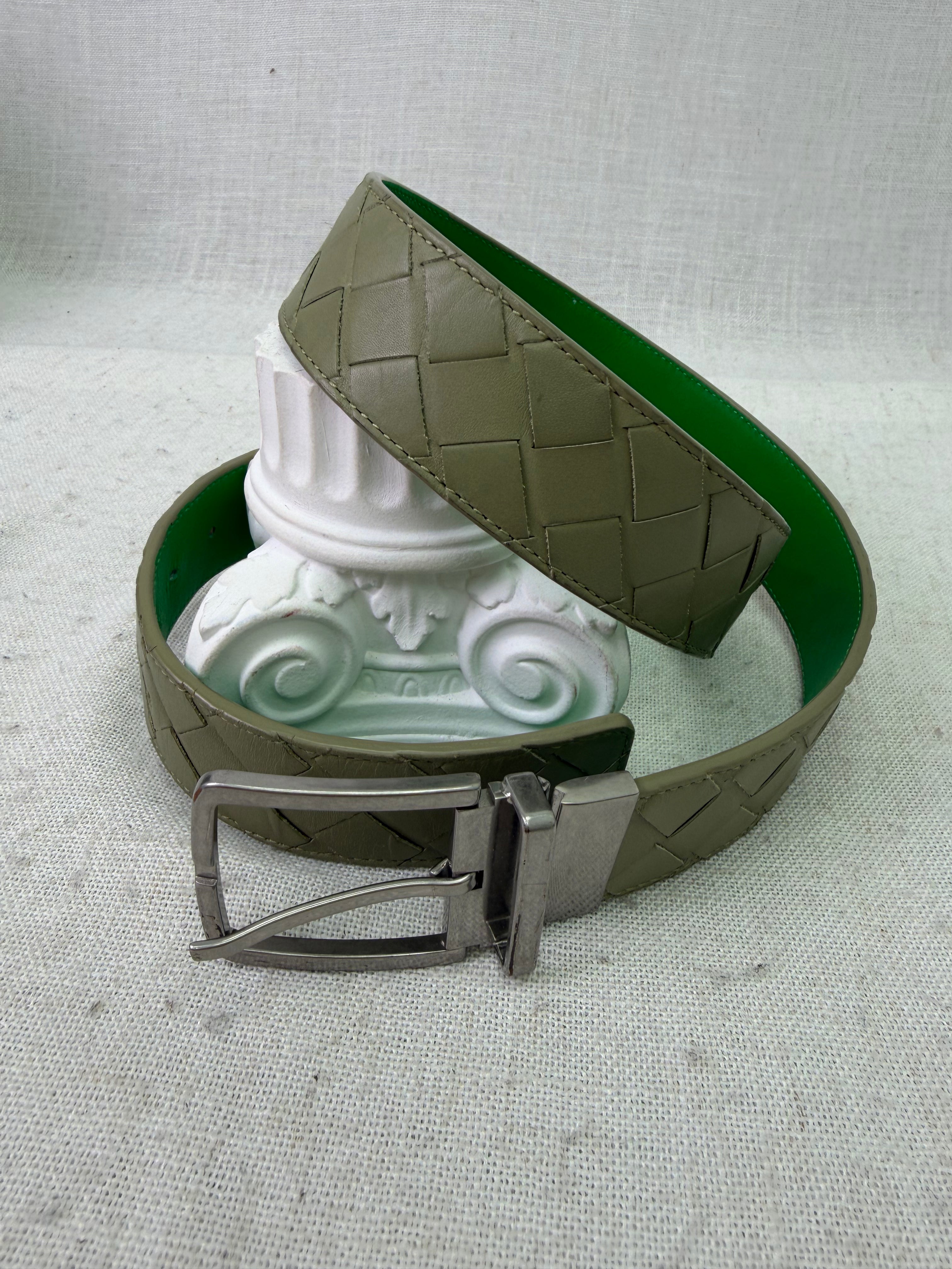 Bottega Veneta BiColor Green Intrecciato Leather Reversible Belt Size 85/34