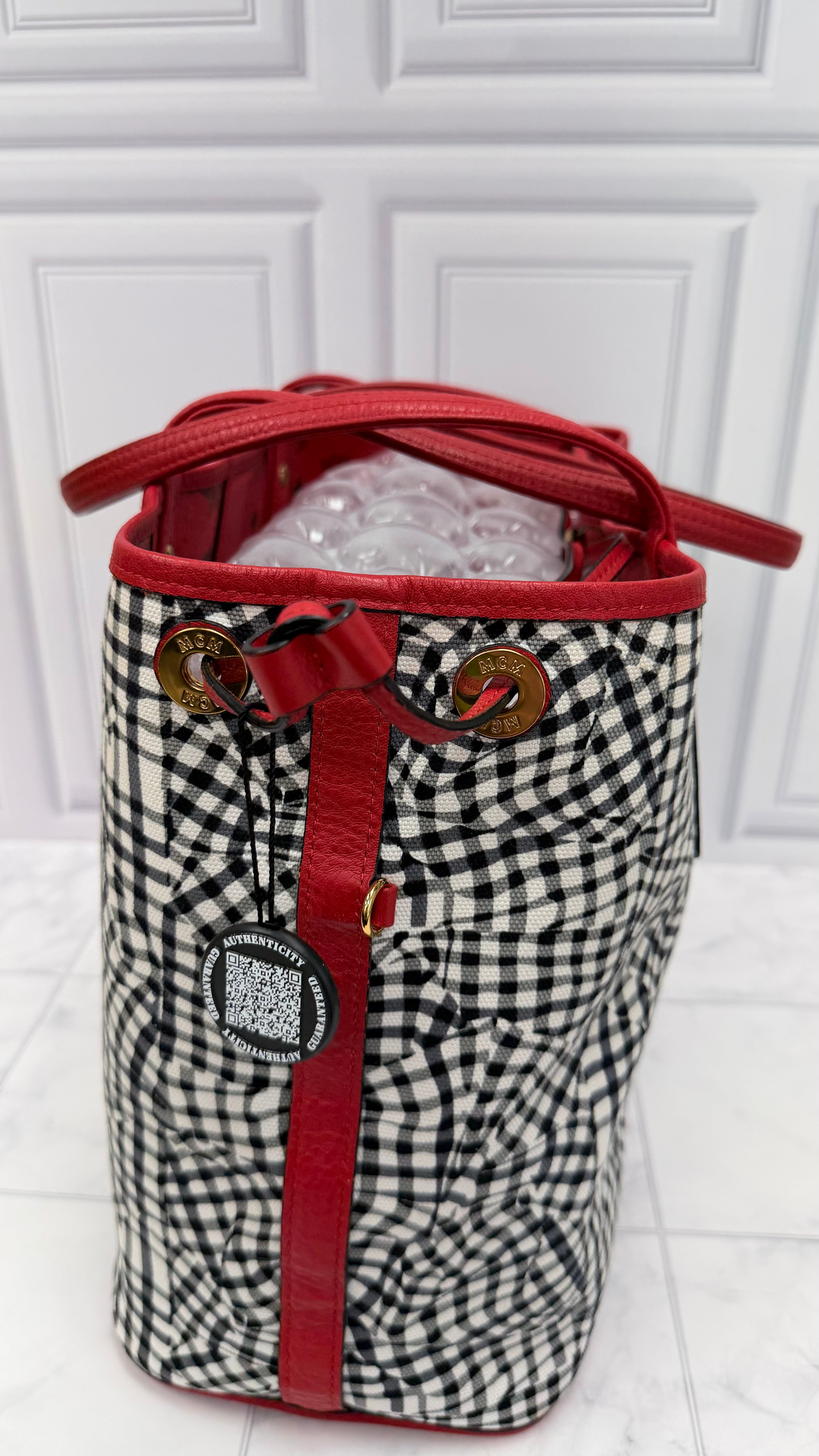MCM White & Black Checkered Canvas & Red Visetos Leather Reversible Tote