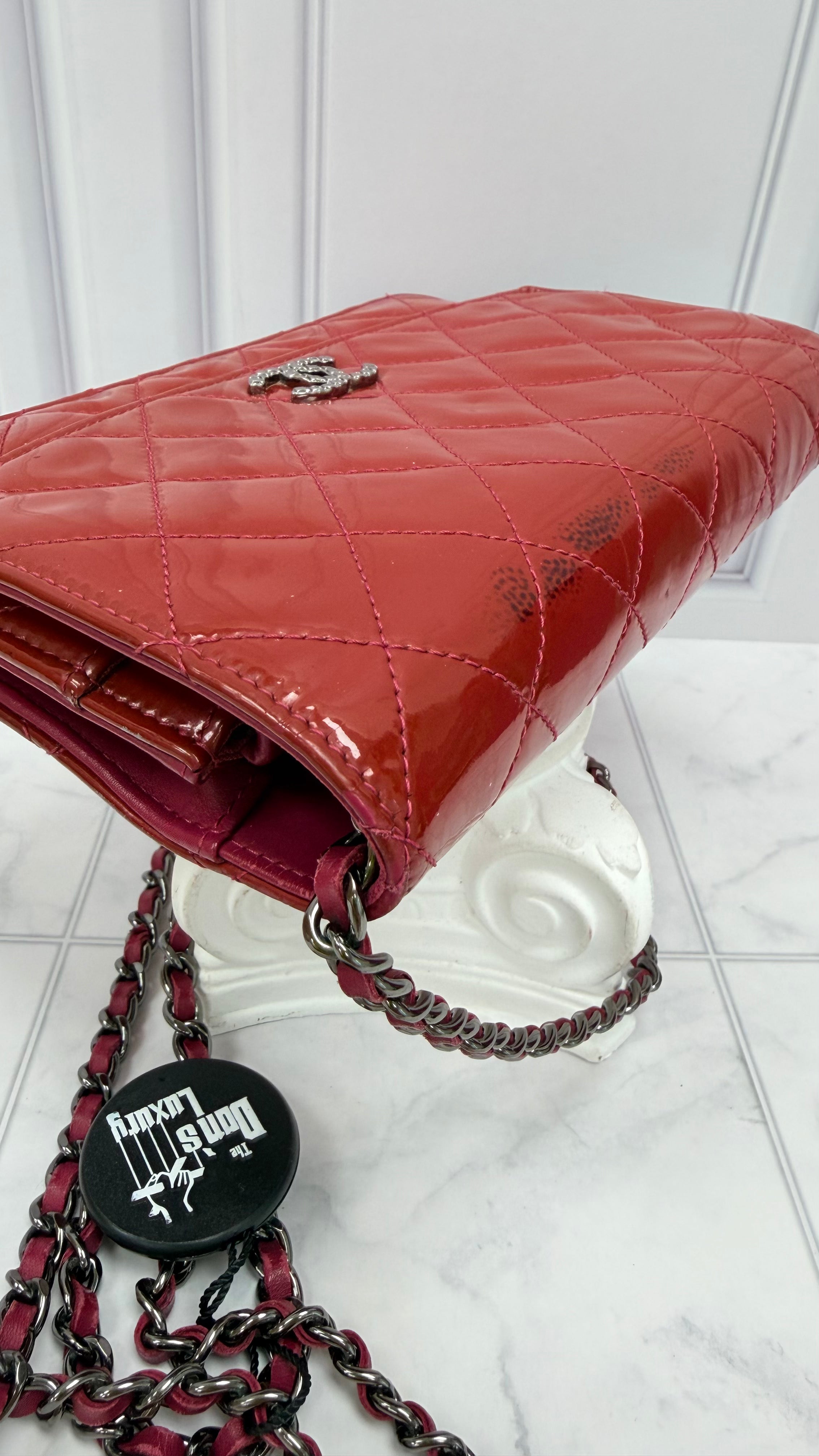 Chanel Rose Red Quilted Patent Leather Wallet on a Chain