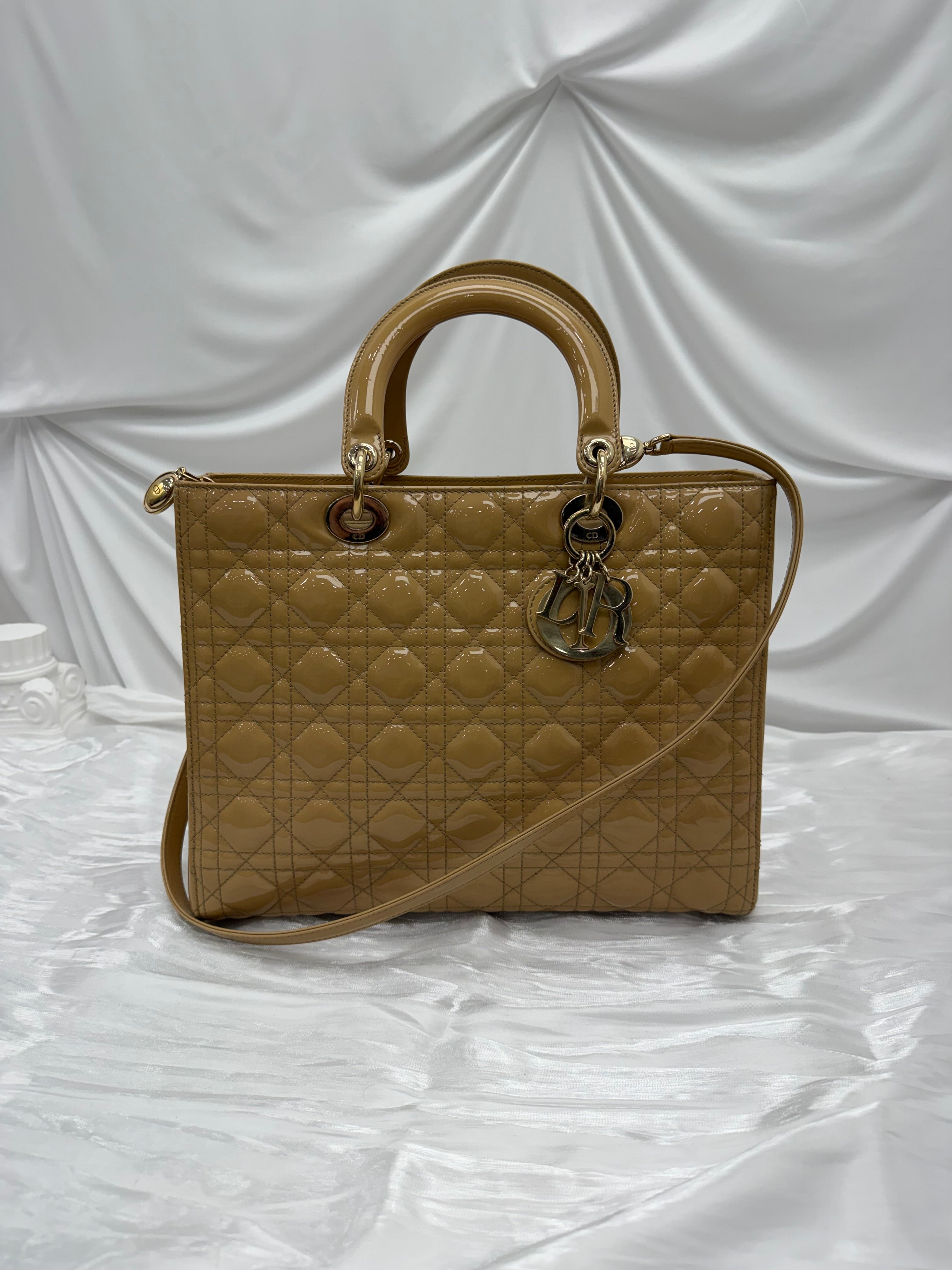 Christian Dior Beige Patent Leather Large Lady Dior