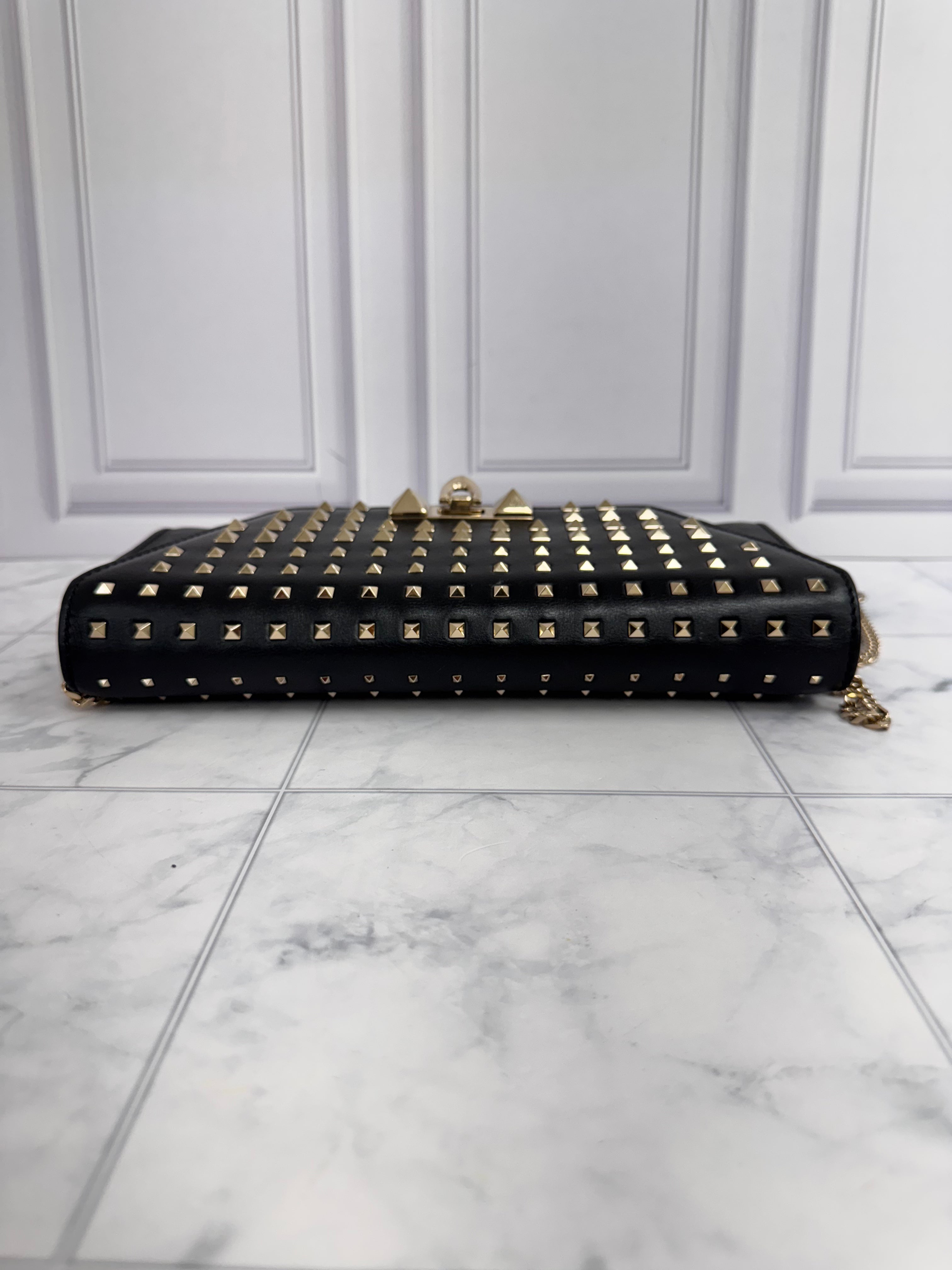 Valentino Black Leather Rockstud All Over Demilune Chain Shoulder Bag
