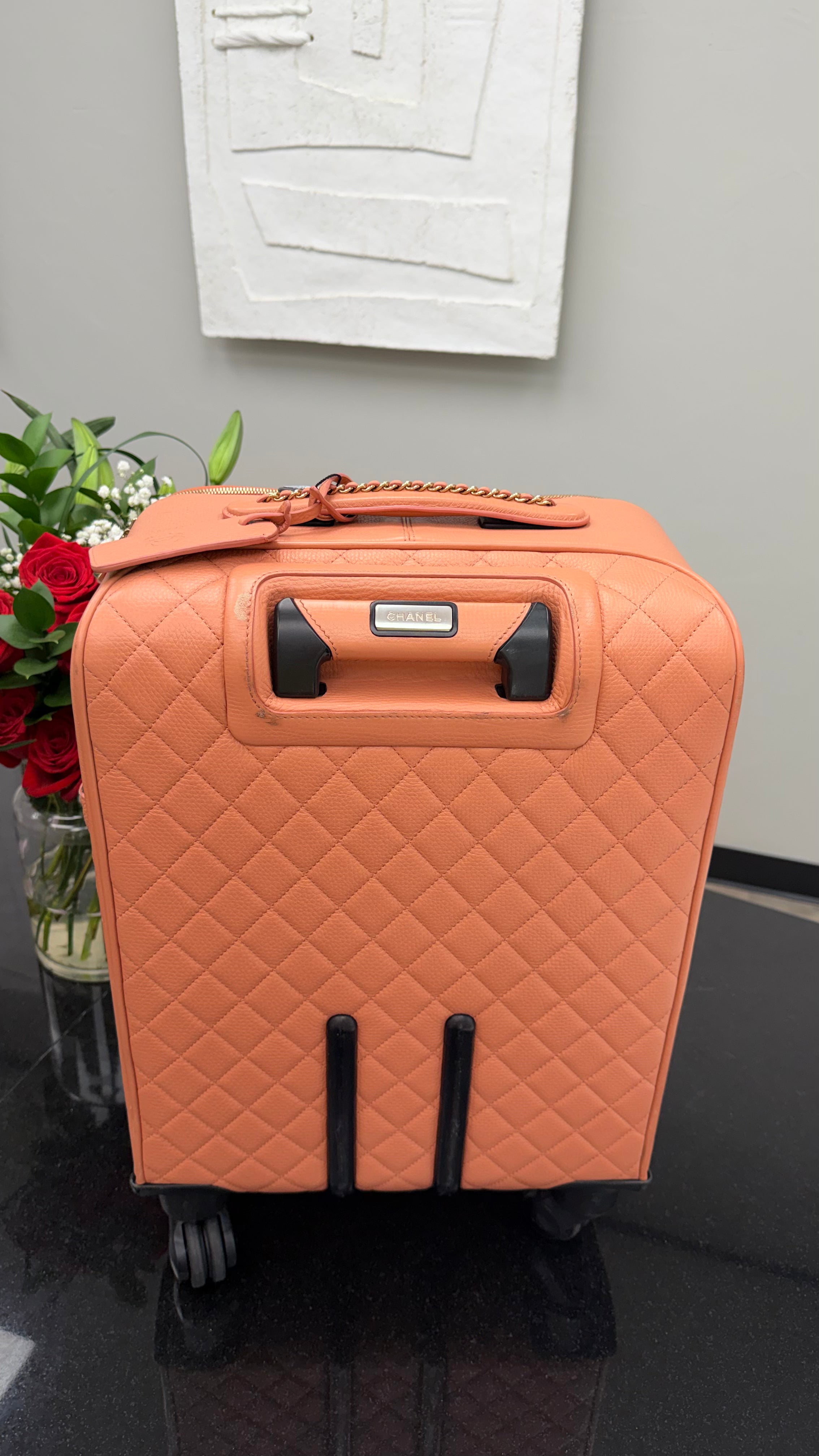 Chanel Peach Calfskin Quilted Coco Rolling Luggage