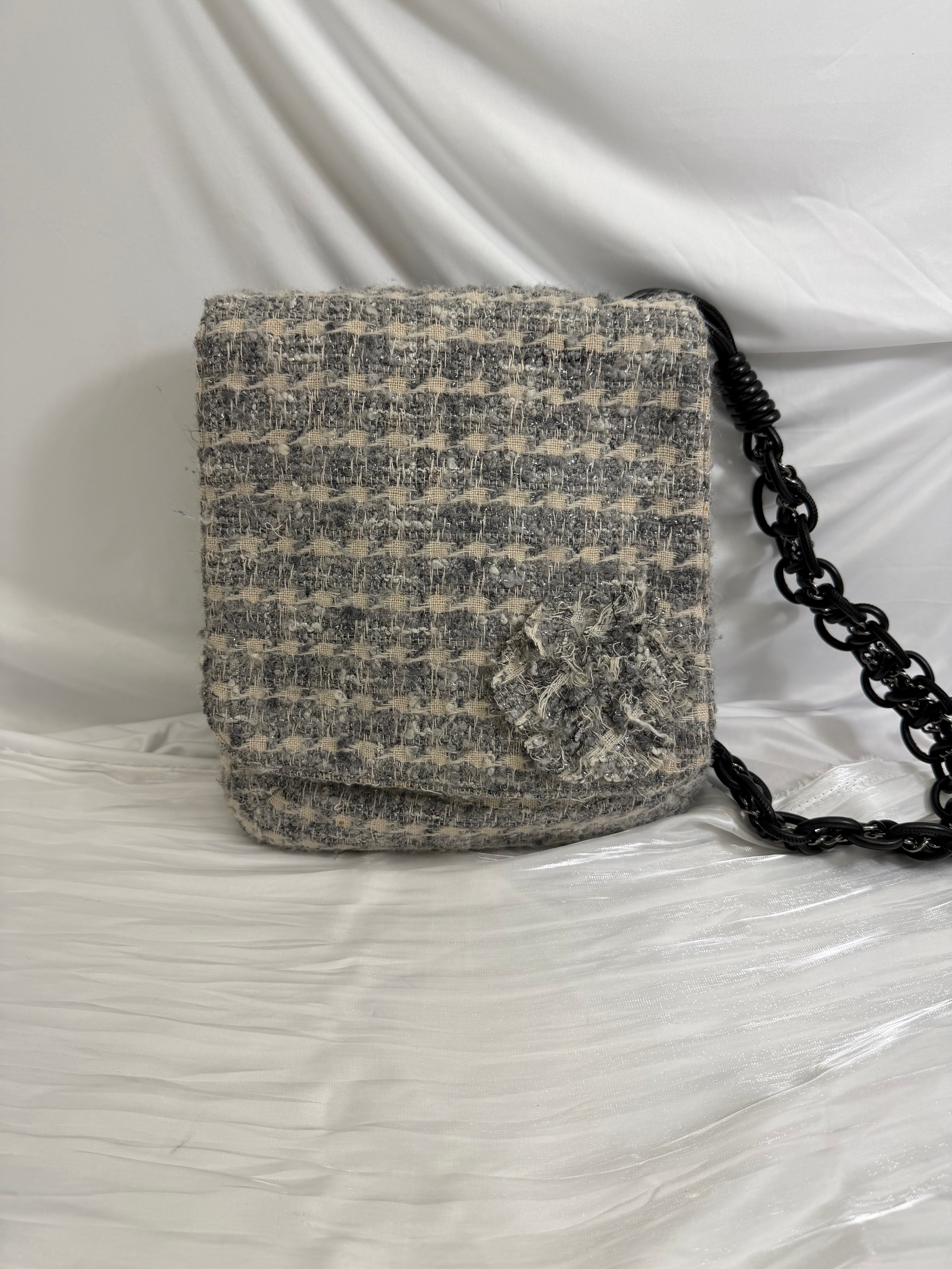 Chanel Gray Tweed Camellia Messenger Bag