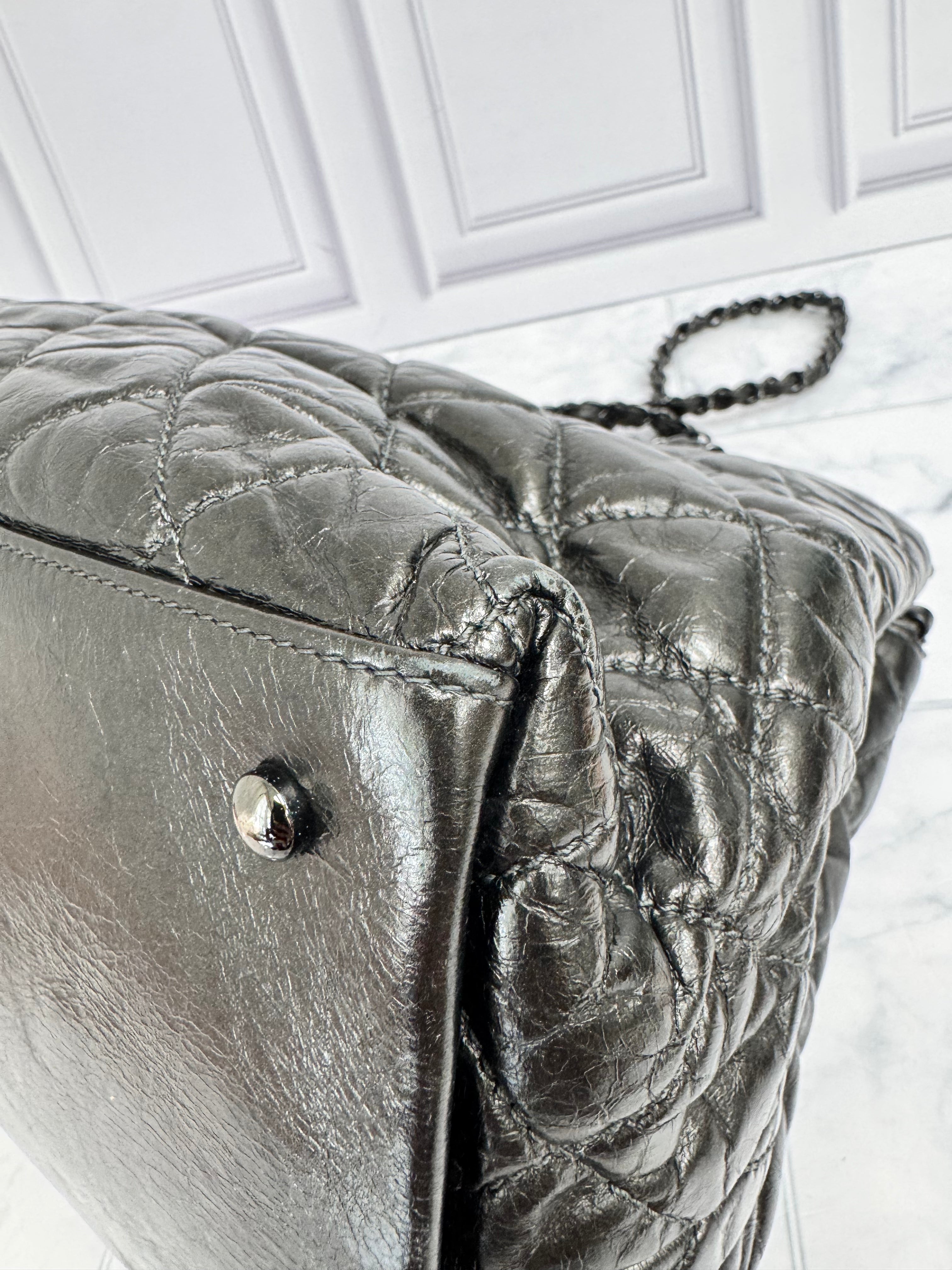 Chanel Metallic Gunmetal Diamond Quilted Leather Chain Me Small Tote Bag