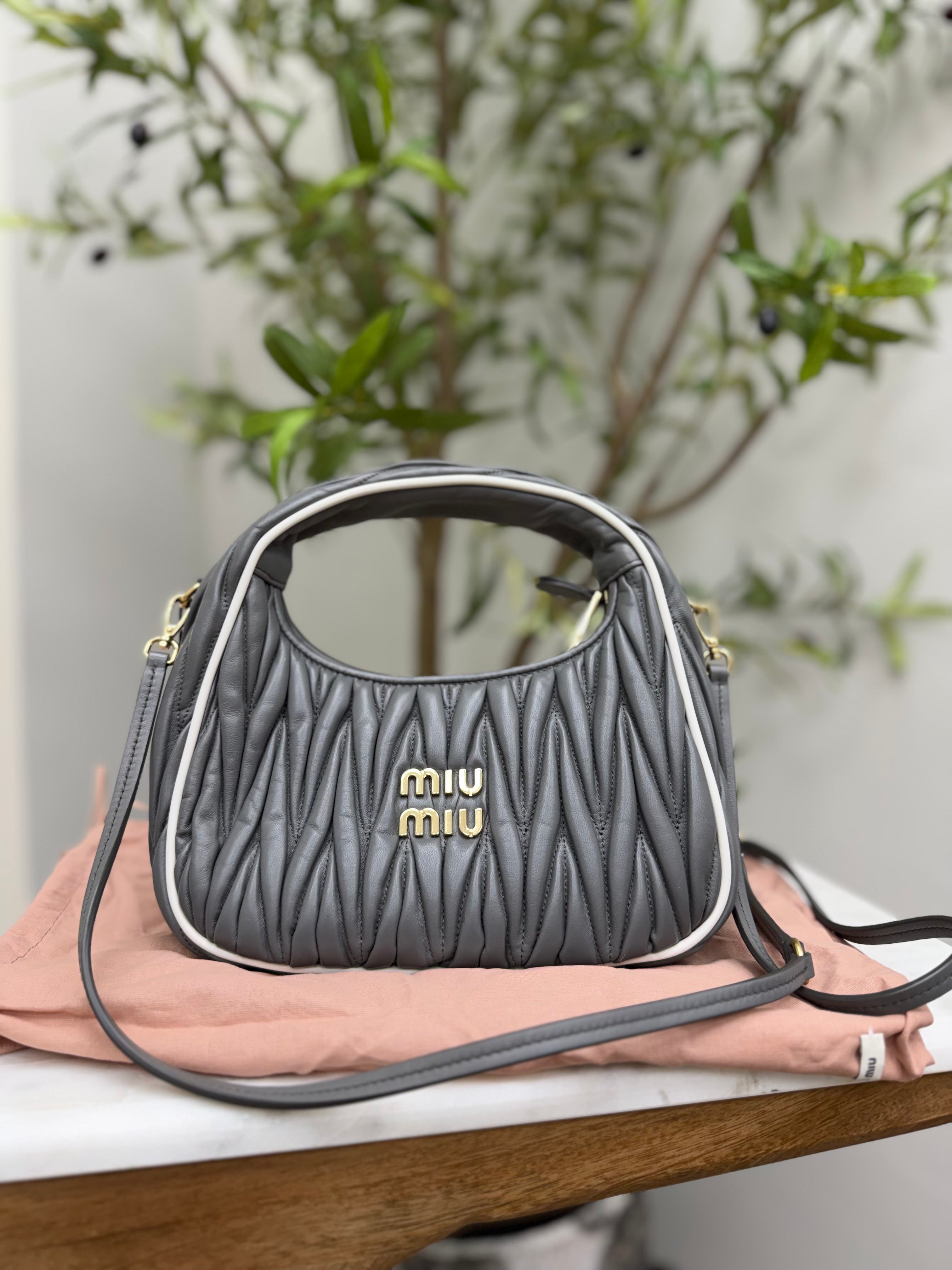 Miu Miu Grey Nappa Quilted Leather Small Wander Hobo Handbag