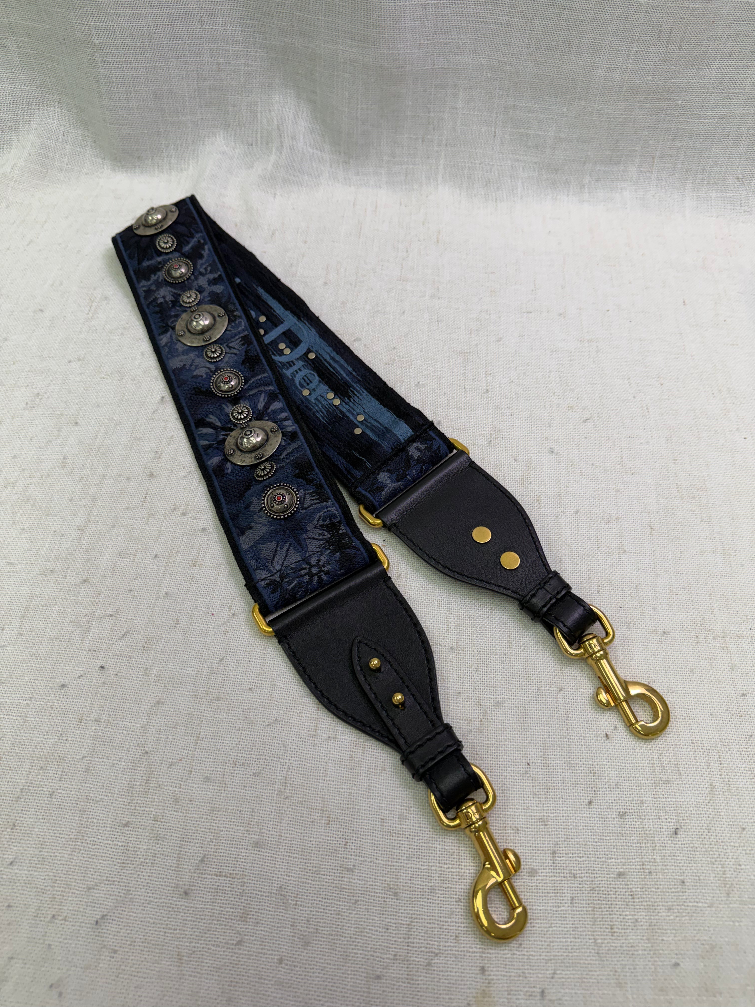 Christian Dior Blue Embroidered Canvas & Studded Shoulder Strap