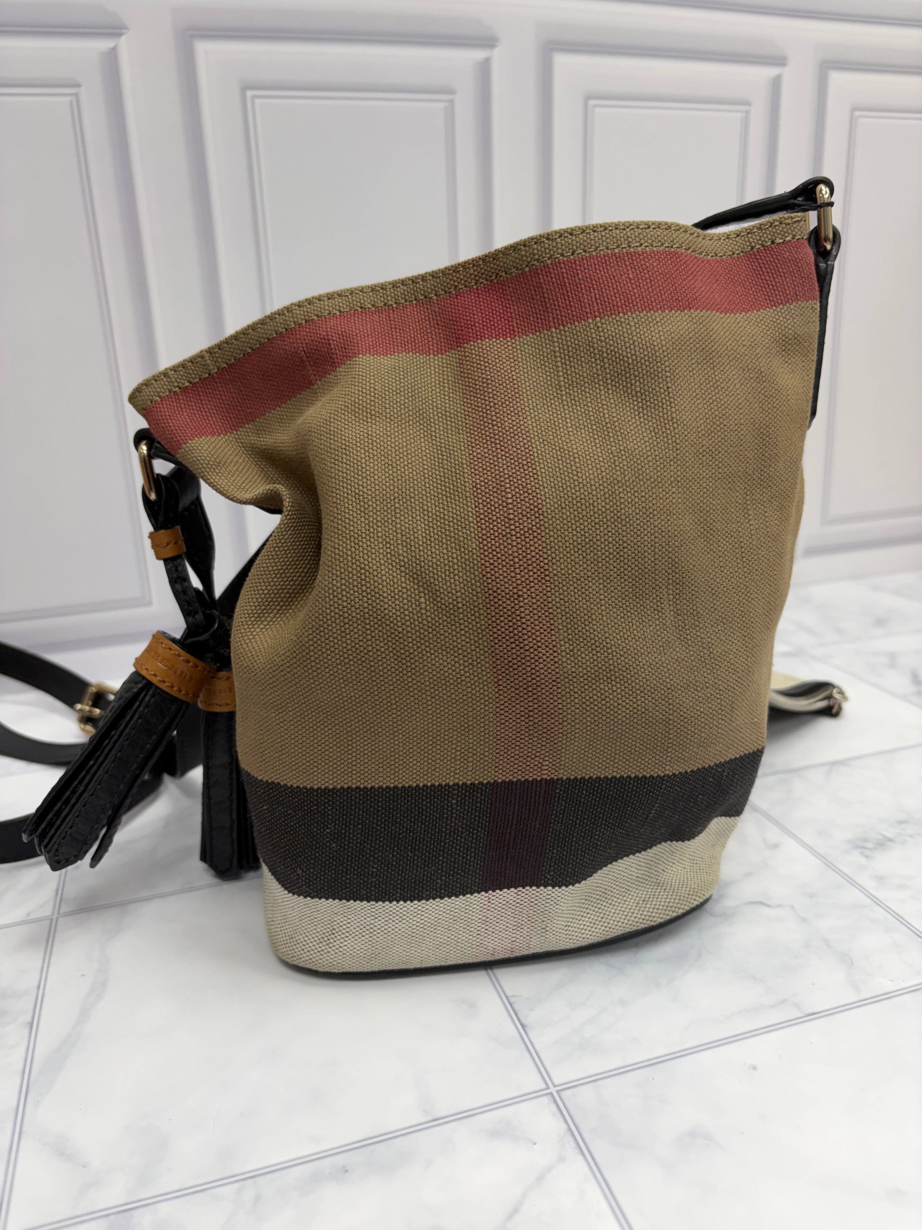 Burberry Mega Check Canvas Bucket Bag & Pouch
