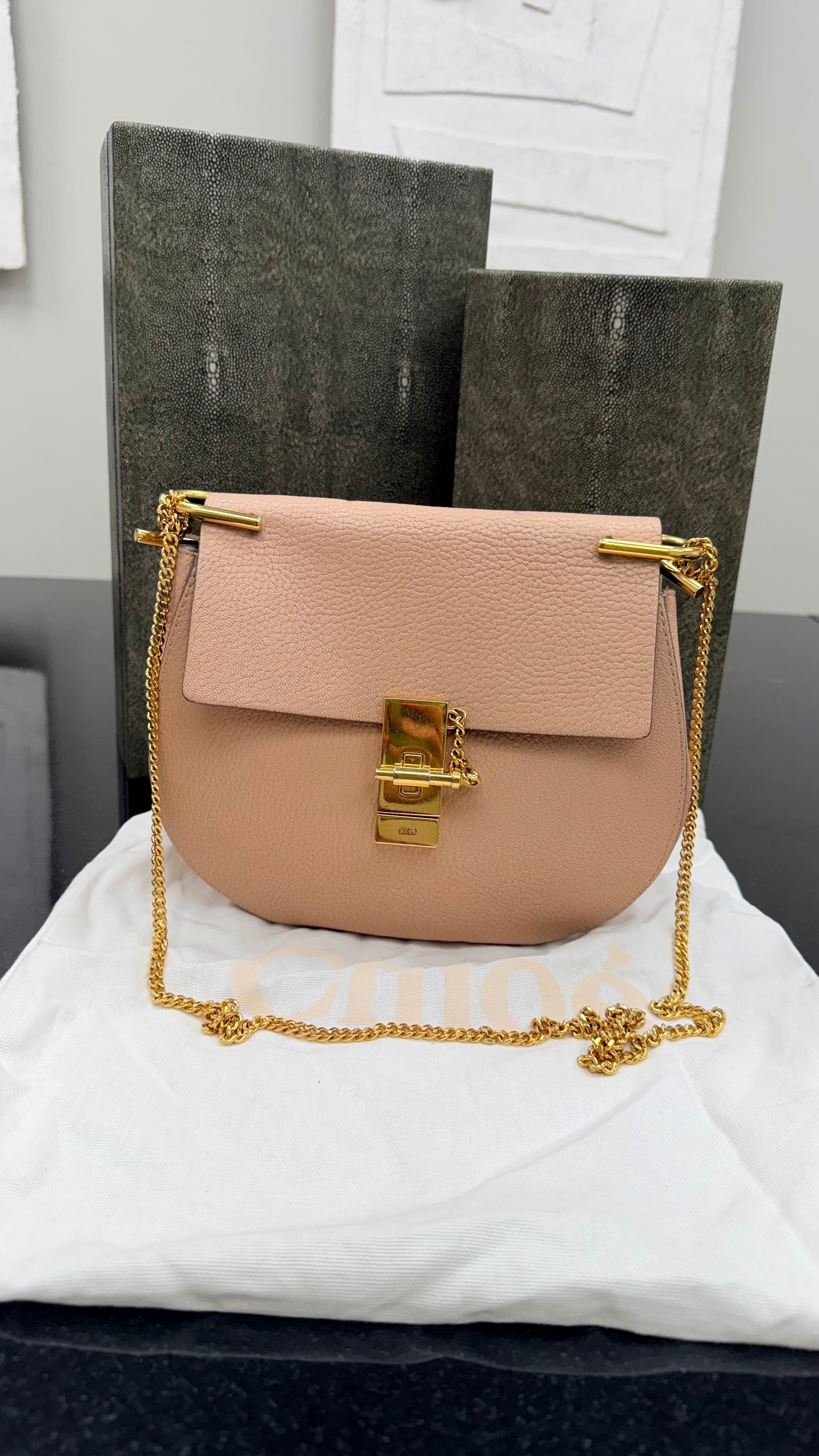 Chloe Dusty Rose Grained Leather Drew Chain Shoulder Bag