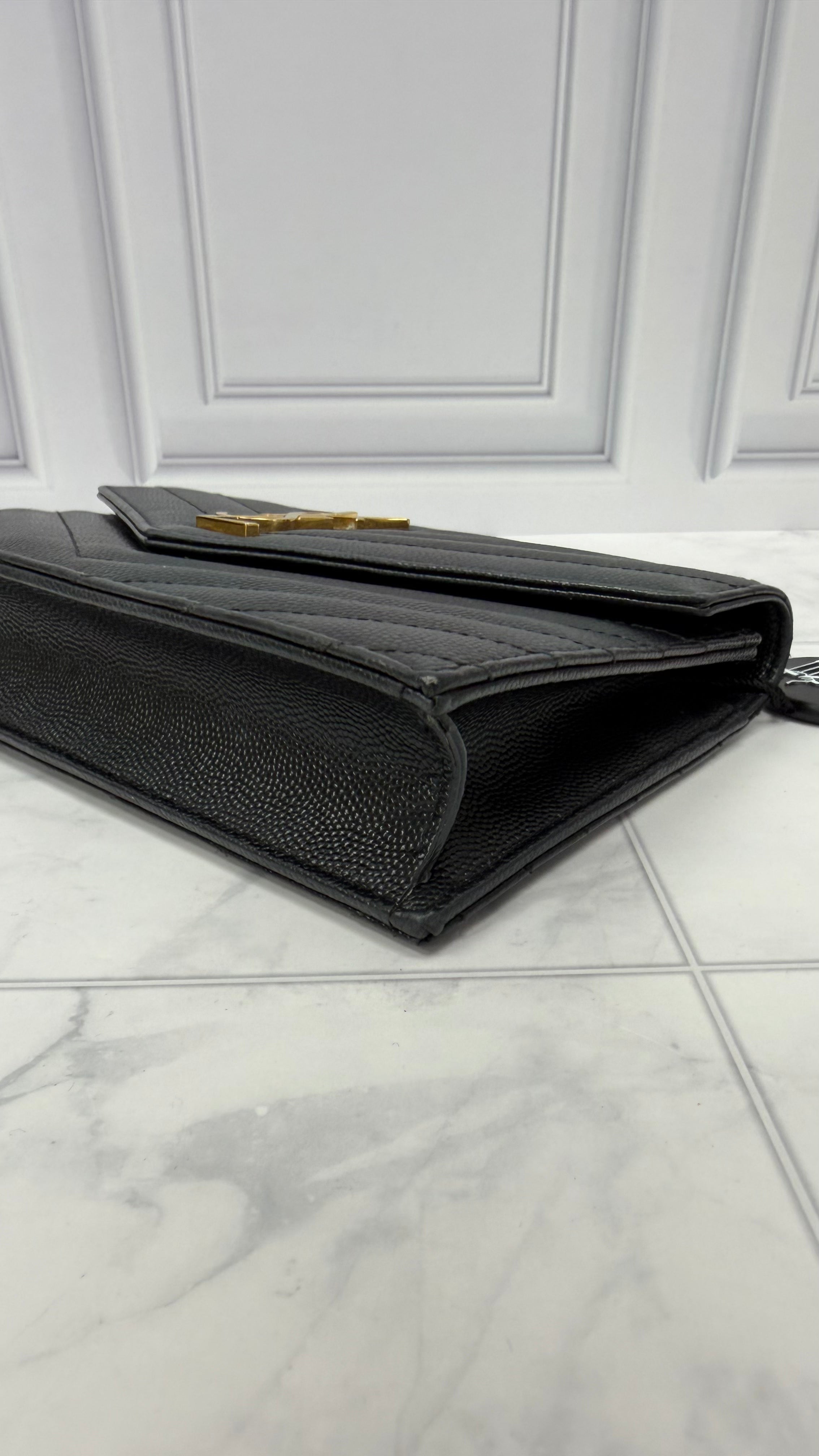 *DONS DROP* Saint Laurent YSL Black Grained Leather Cassandre Envelope Chain wallet
