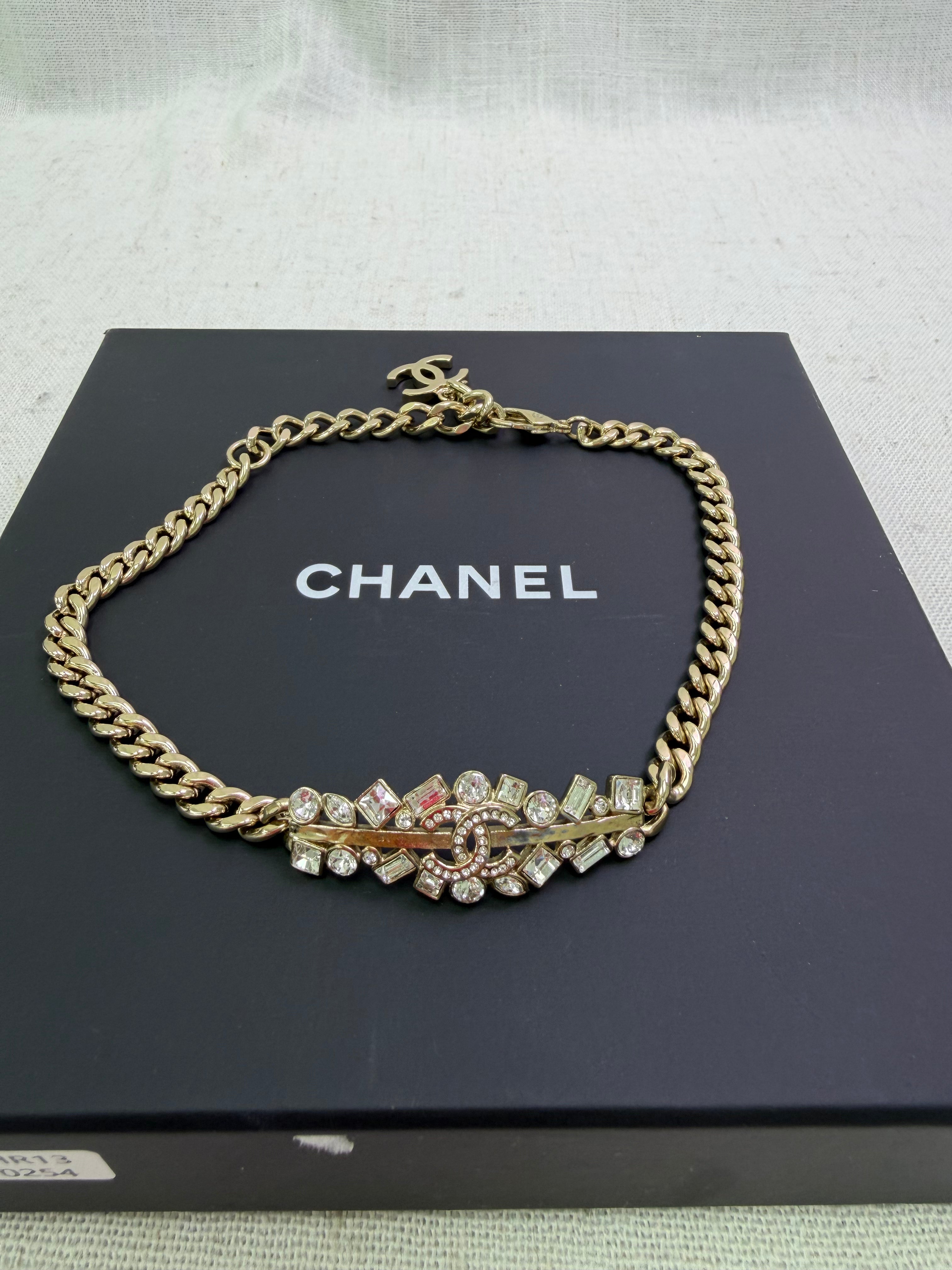 Chanel Gold Tone Chain Link CC Crystal Choker Necklace