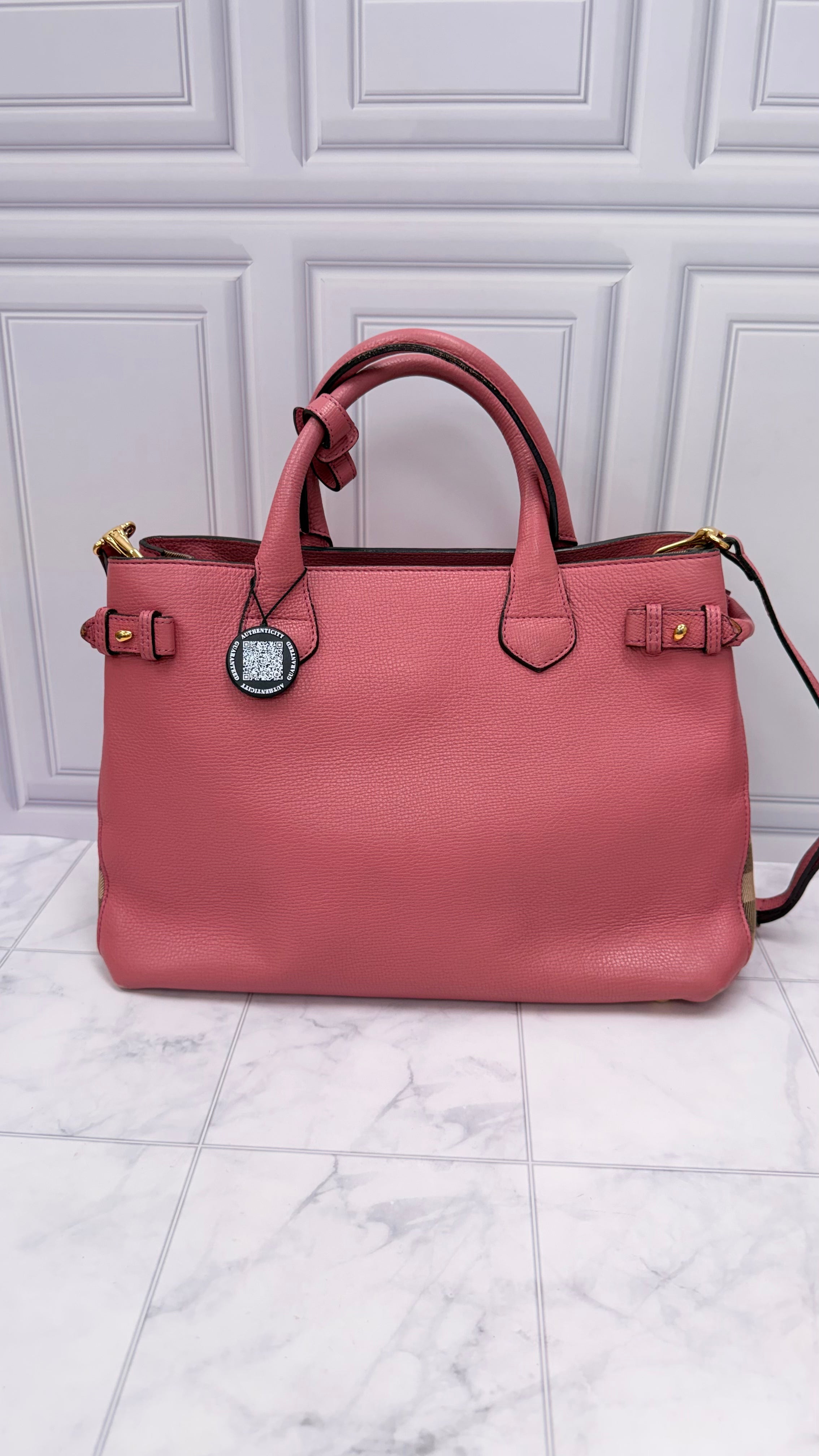 Burberry Pink Leather Nova Check Banner Tote