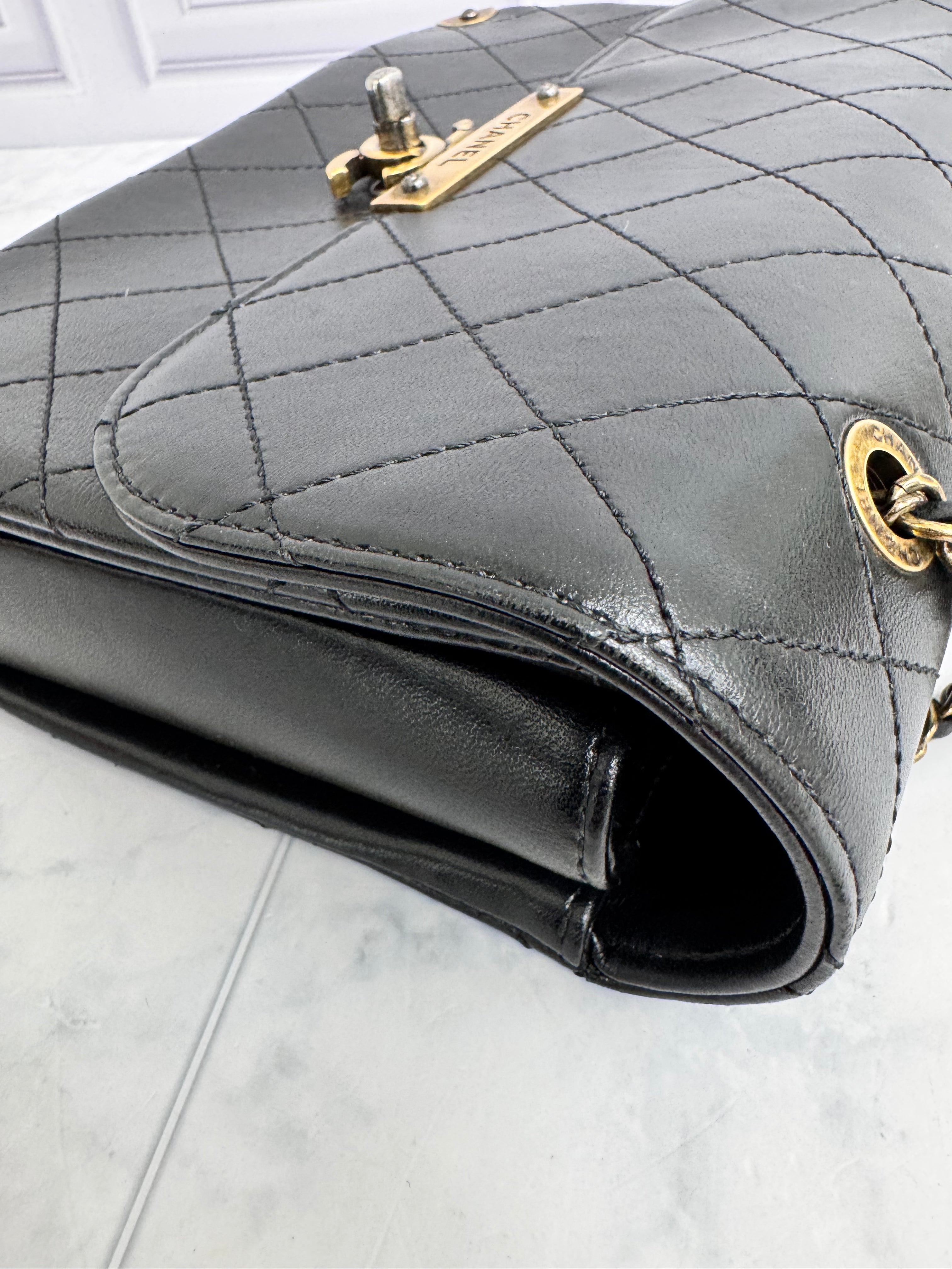 Chanel Black Diamond Quilted Leather Around The Corner Flap Bag