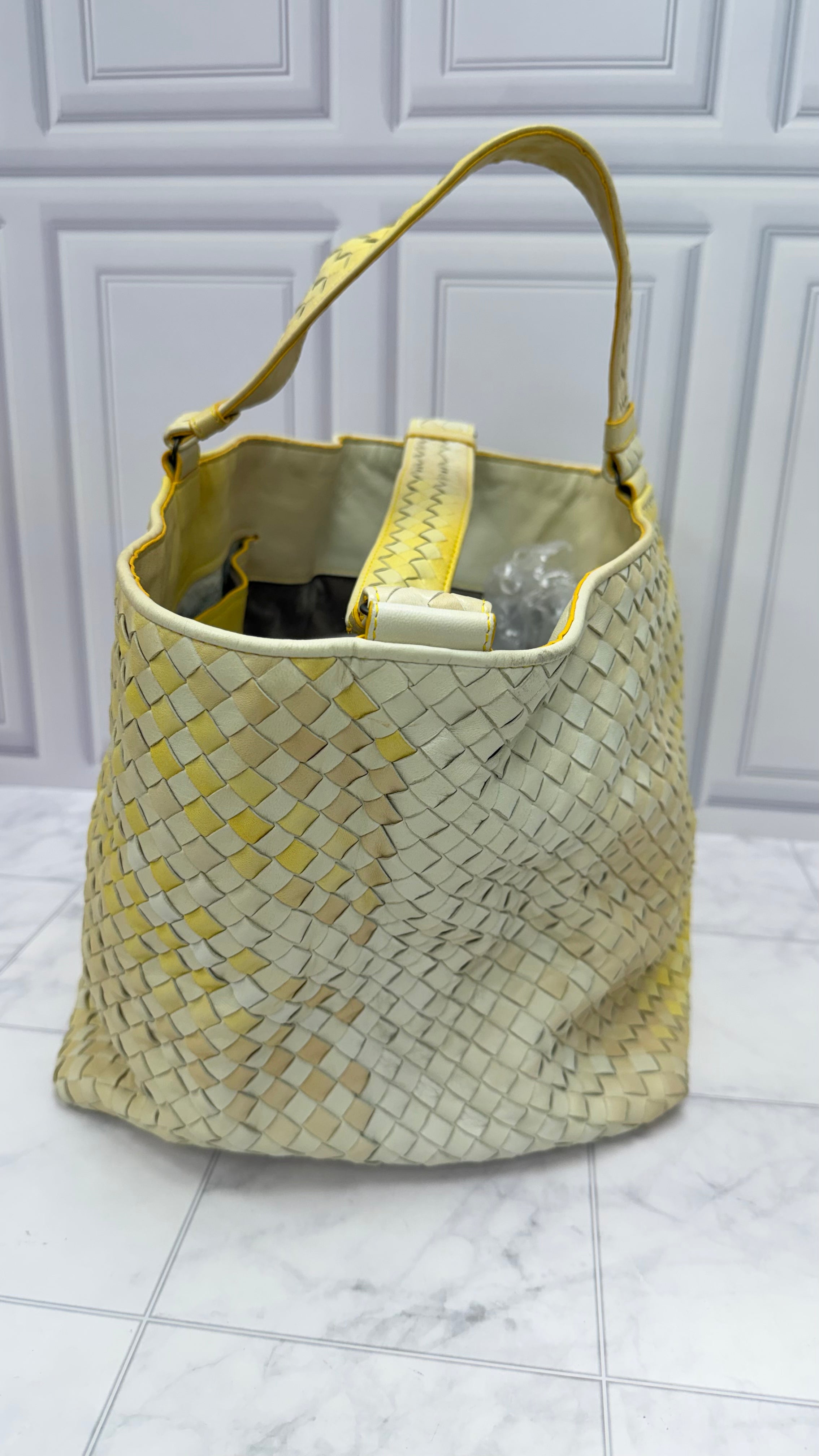 Bottega Veneta Yellow & Beige Intrecciato Leather Nuance Cross Tote