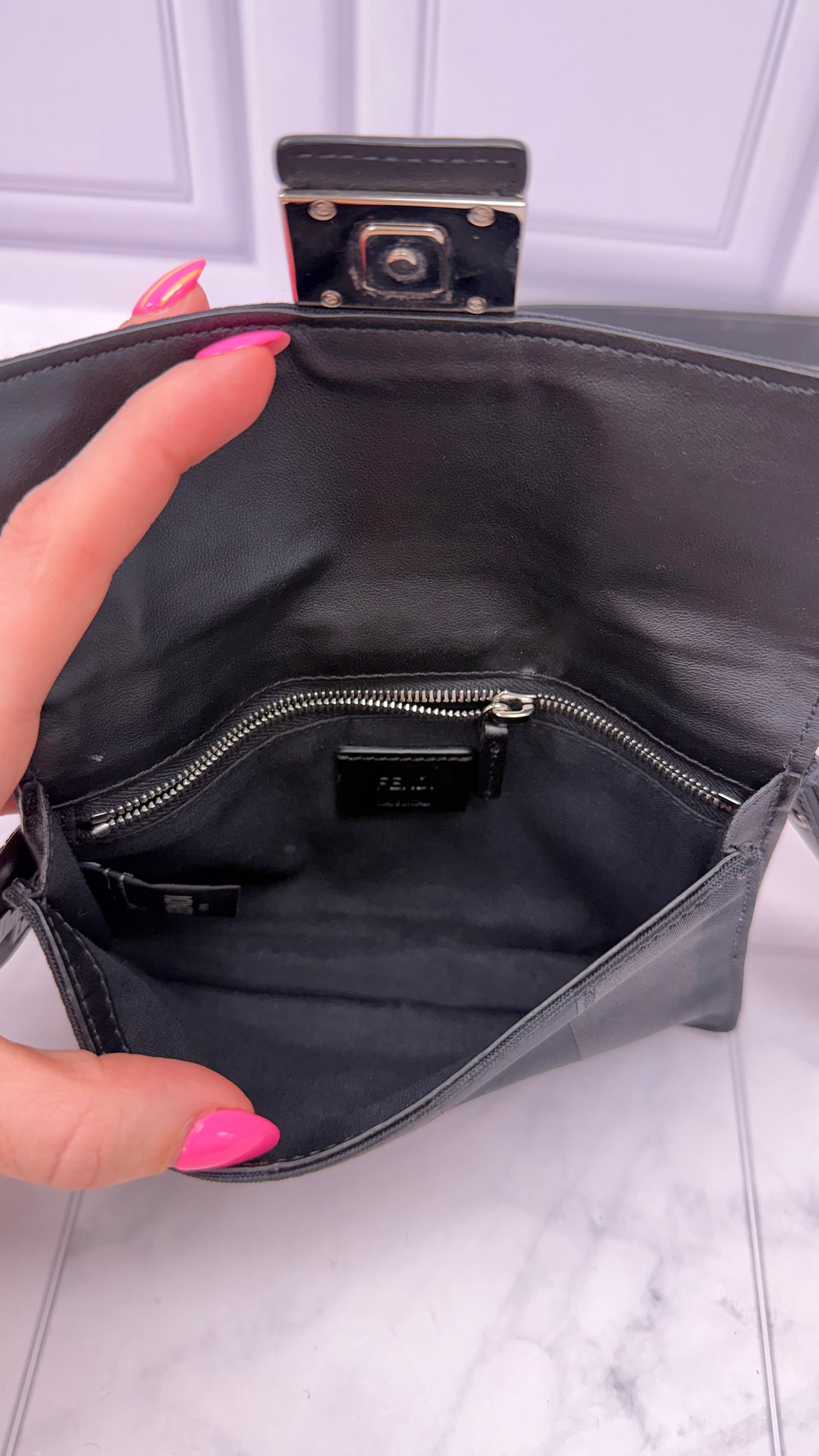 Fendi Black Striped Canvas Convertible Baguette Crossbody Pouch