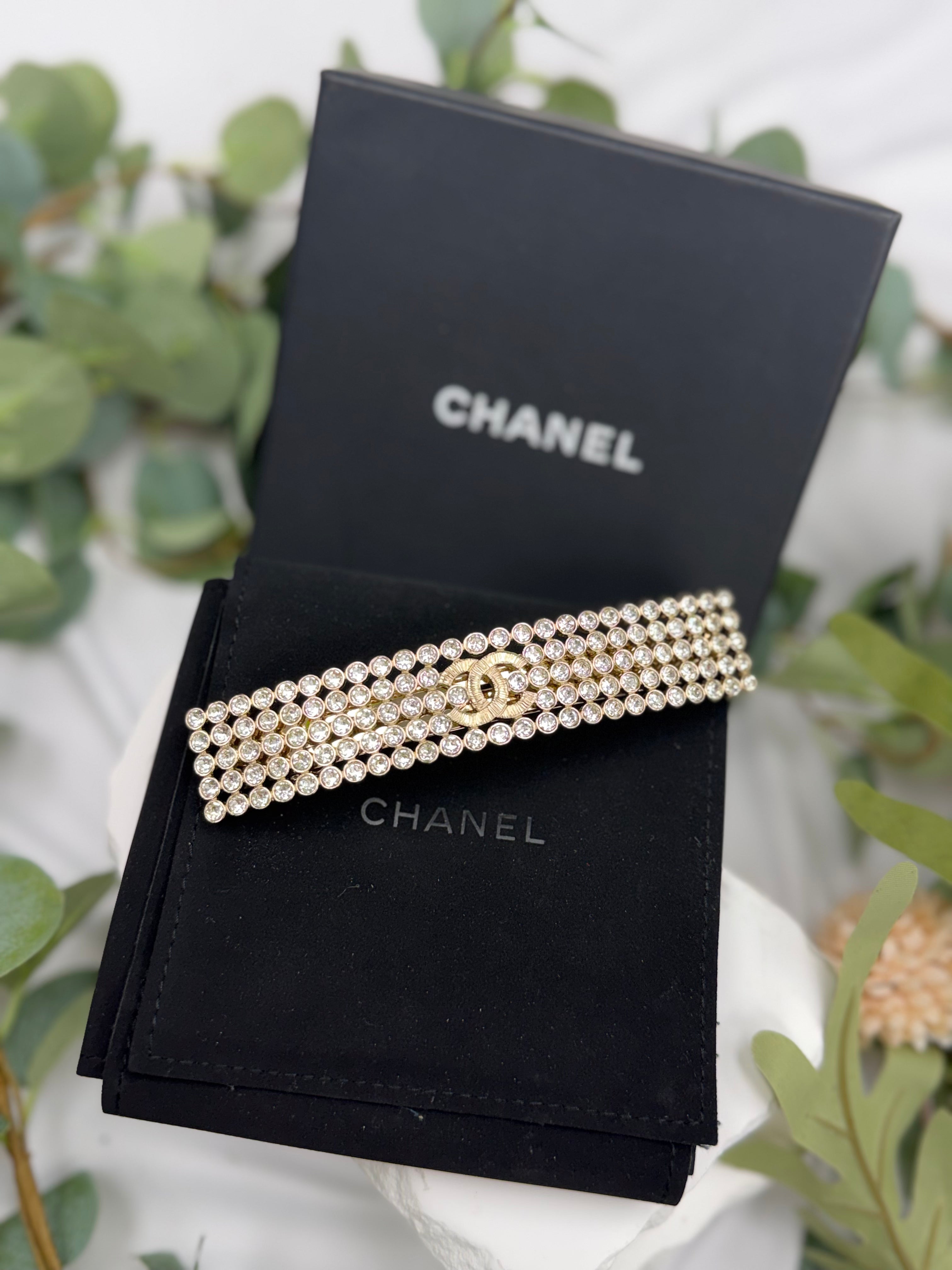 Chanel Vintage Crystal & Gold Told CC Hair Barrette