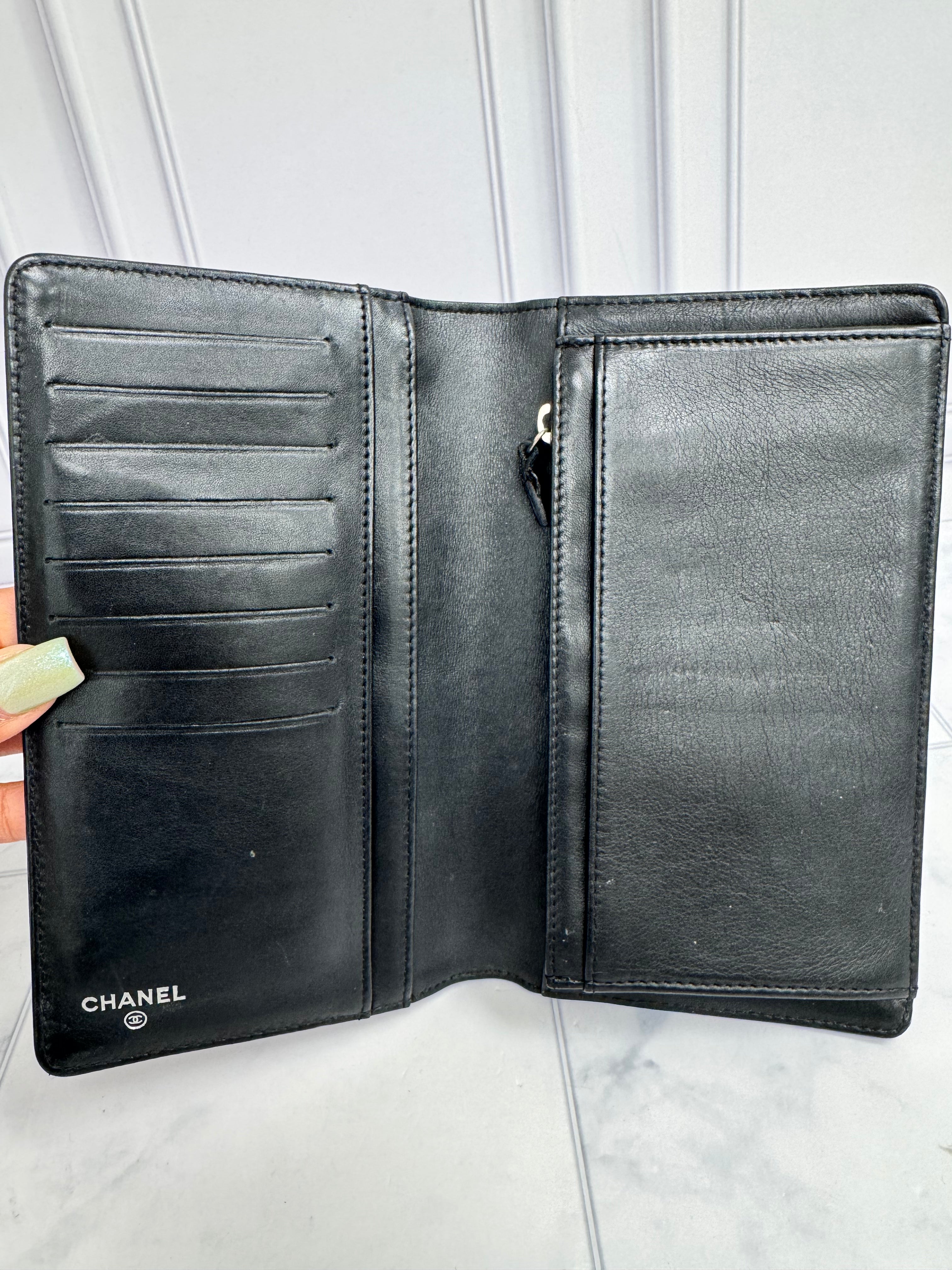 Chanel Black Patent Leather Camelia Flower Long Wallet