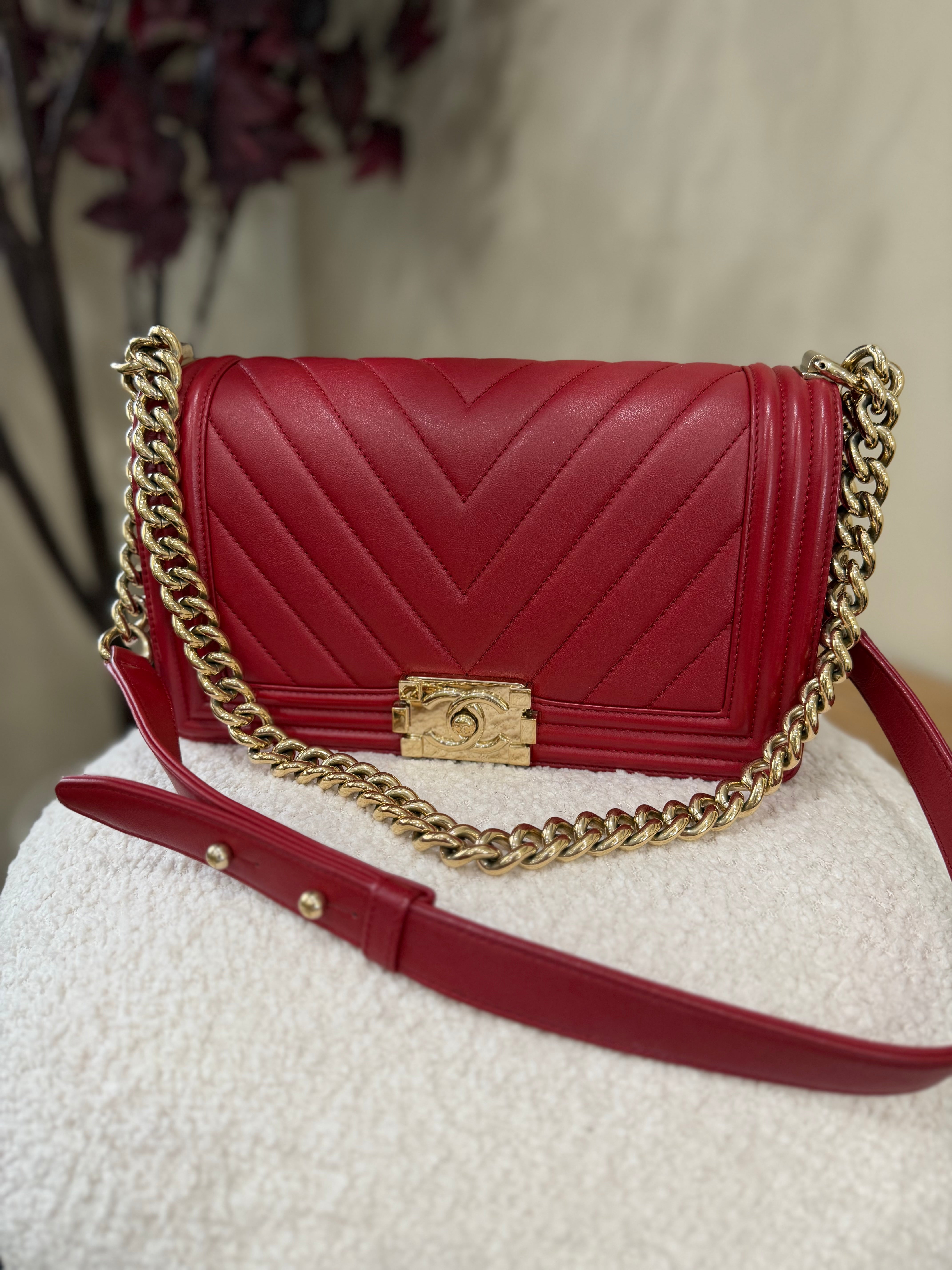Chanel Red Chevron Quilted Calfskin Medium Boy Bag