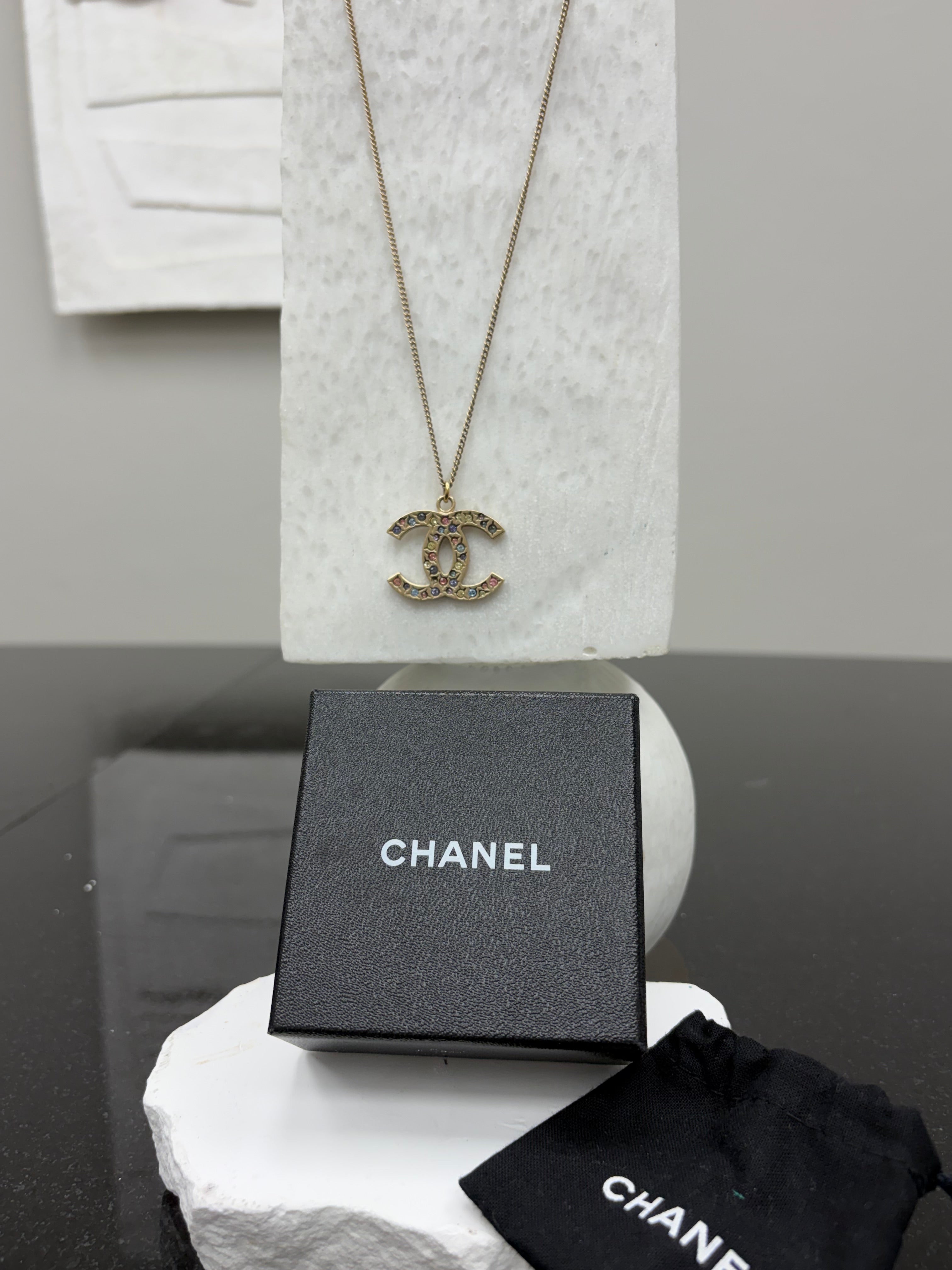 Chanel Gold Tone CC Pastel Crystal Pendent Necklace