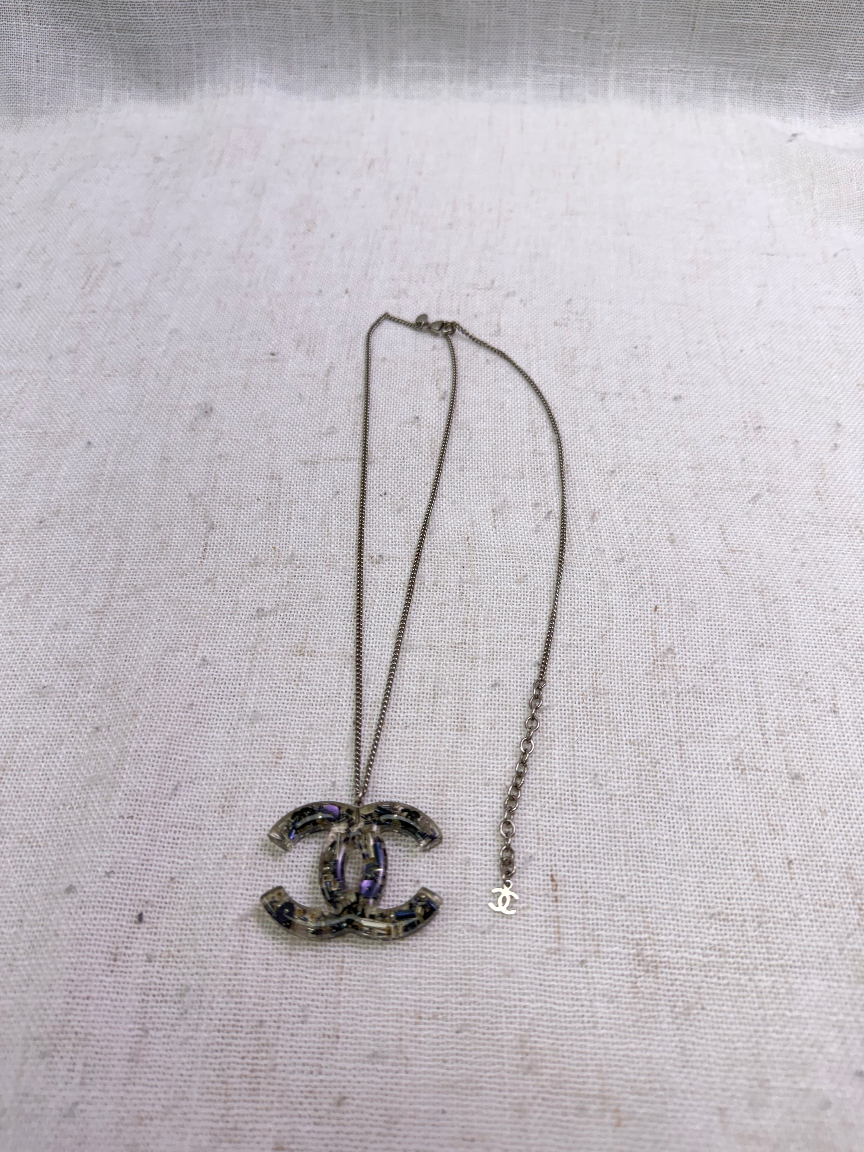 Chanel Vintage Blue Beaded & Clear Resin CC Long Necklace