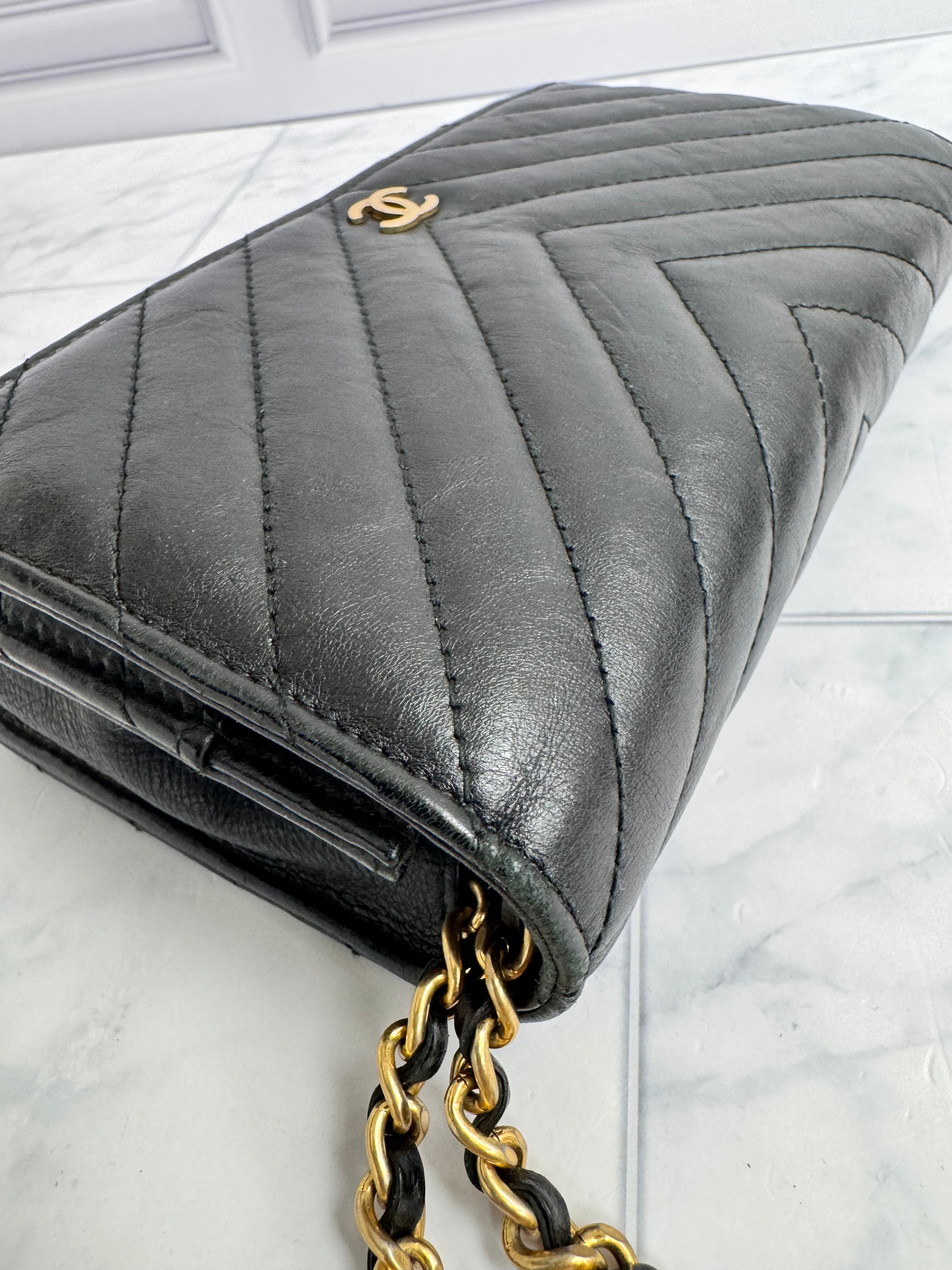 Chanel Black Chevron Quilted Wallet On A Chain