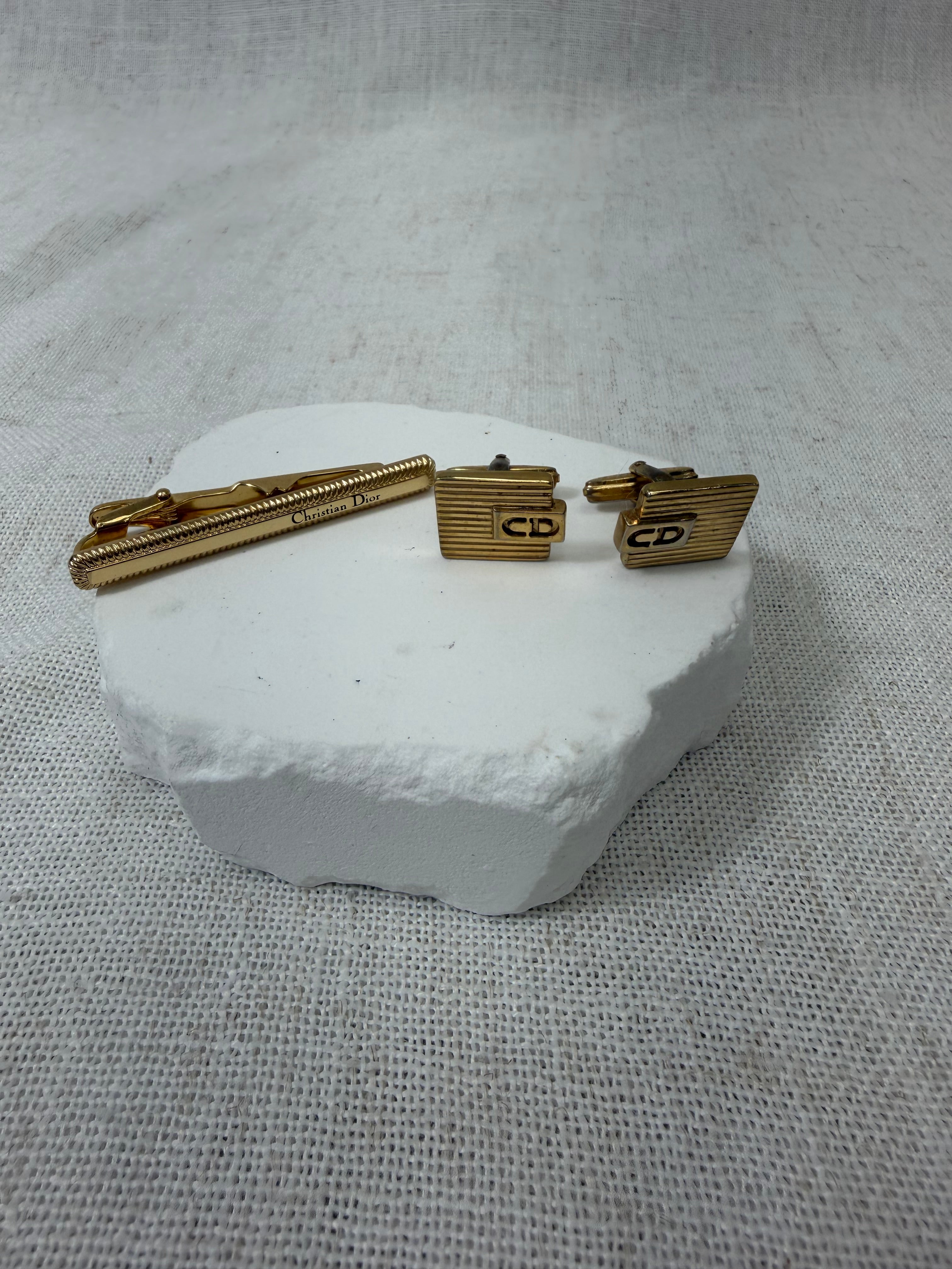 Christian Dior Gold Tone Tie Clip & Cuff Links