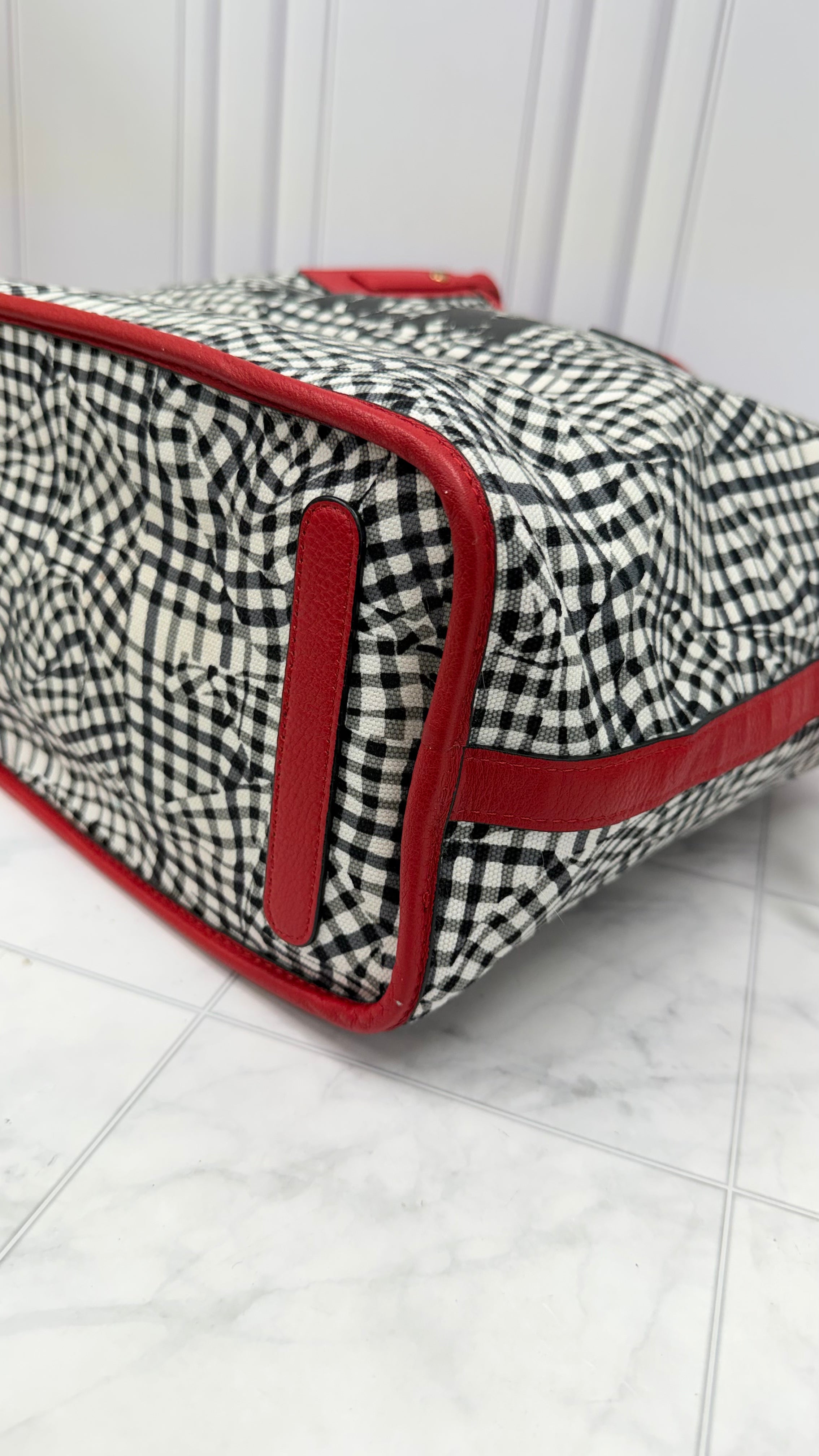 MCM White & Black Checkered Canvas & Red Visetos Leather Reversible Tote