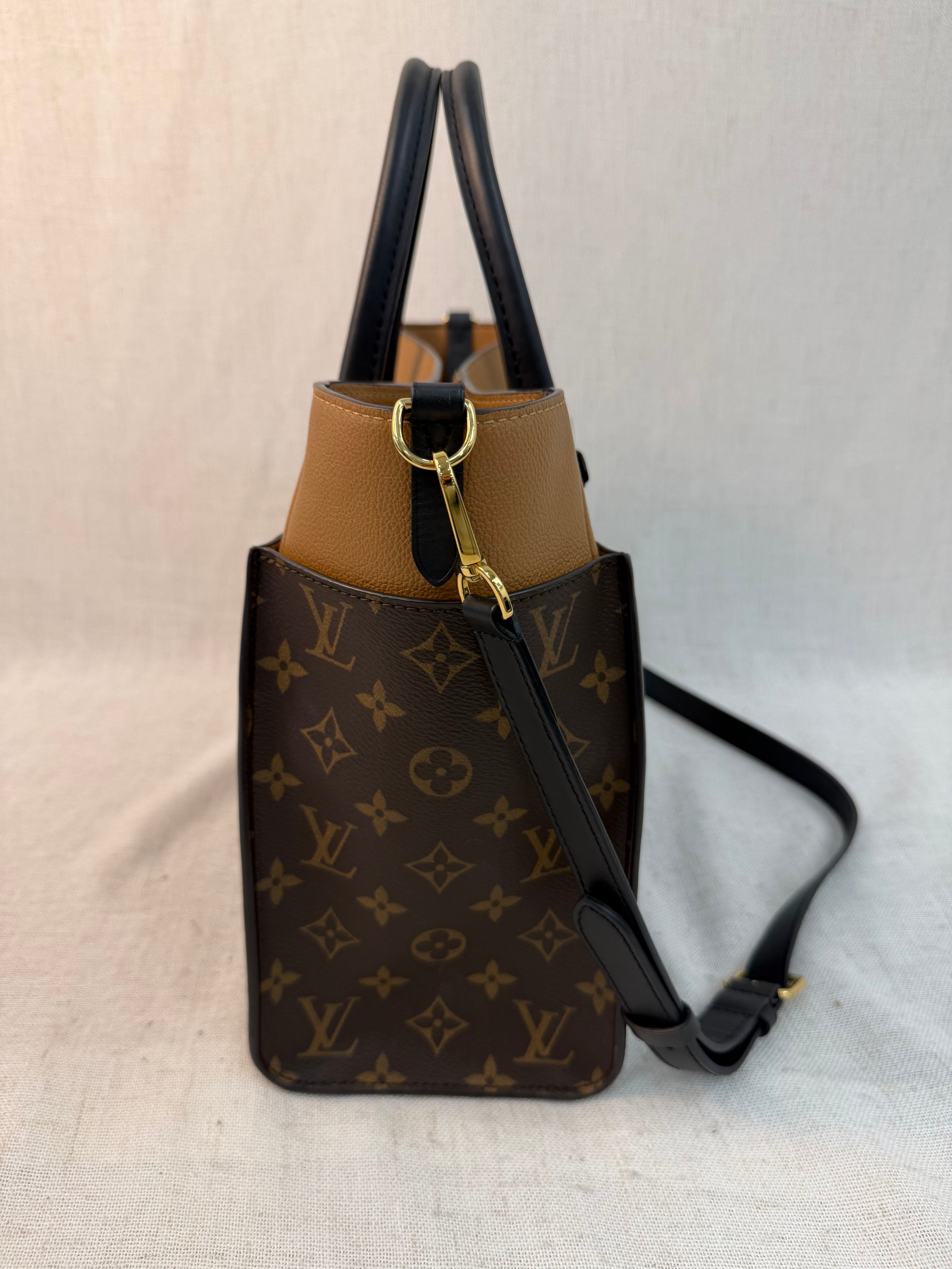 Louis Vuitton Monogram Black & Tan Leather On My Side MM Tote