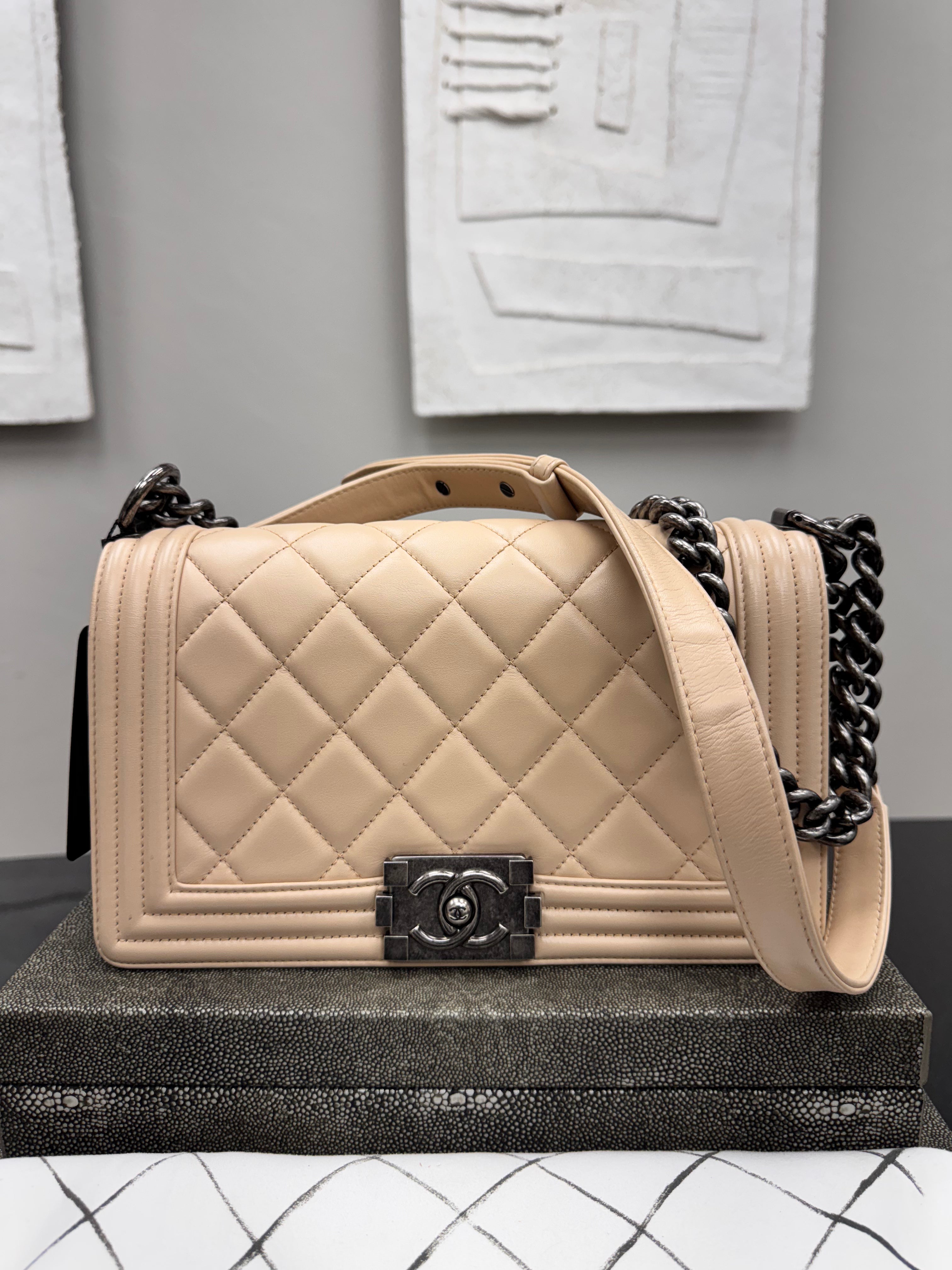 Chanel Beige Diamond Quilted Leather Medium Boy Flap Bag