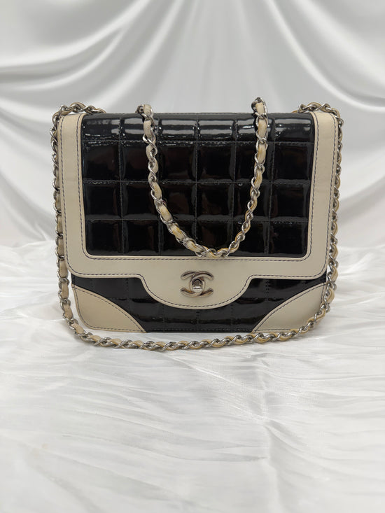 Chanel White & Black Patent Leather Chocolate Bar Square Bag