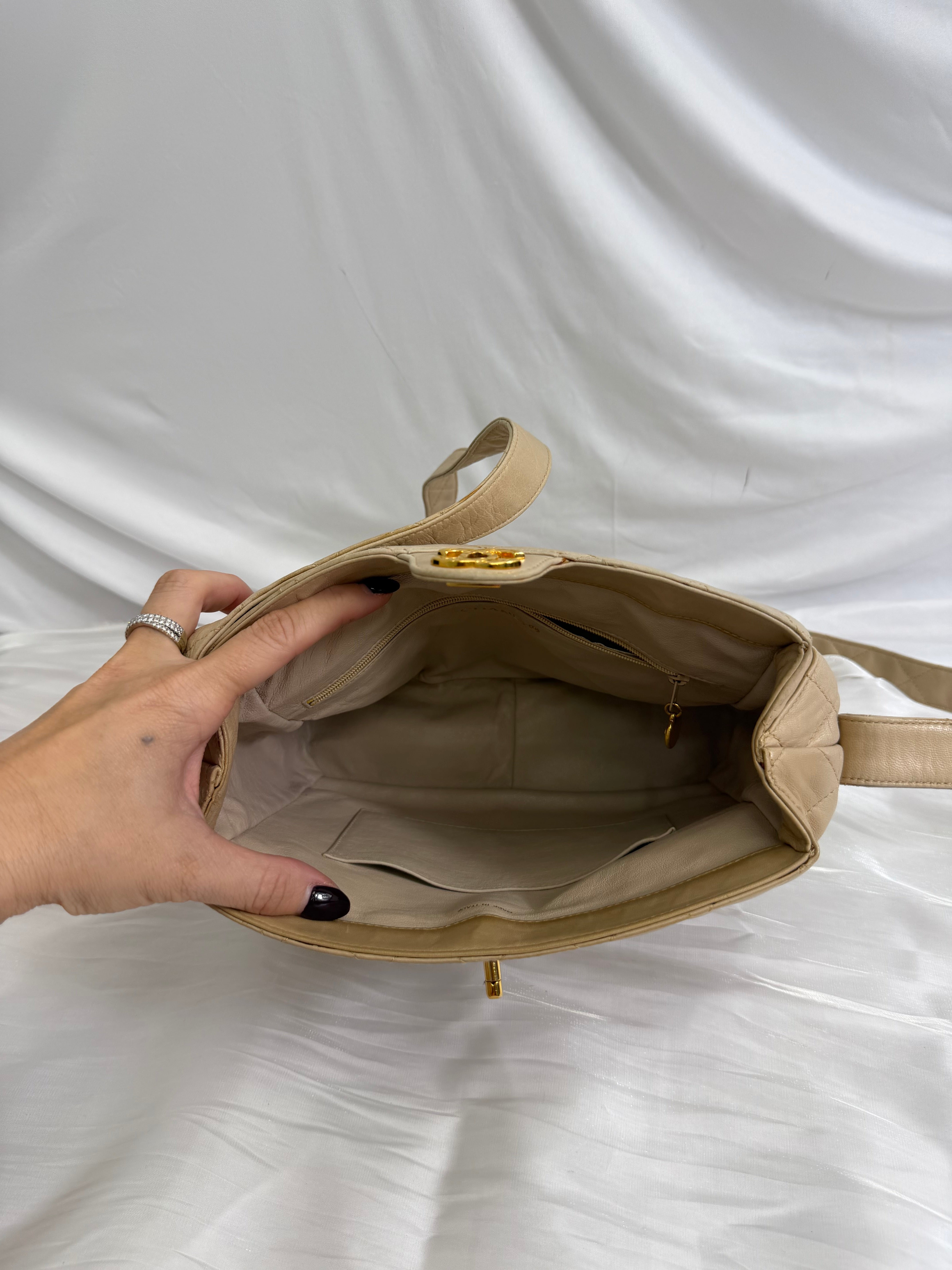 Chanel Beige Quilted Calfskin Top Turn Lock Bag