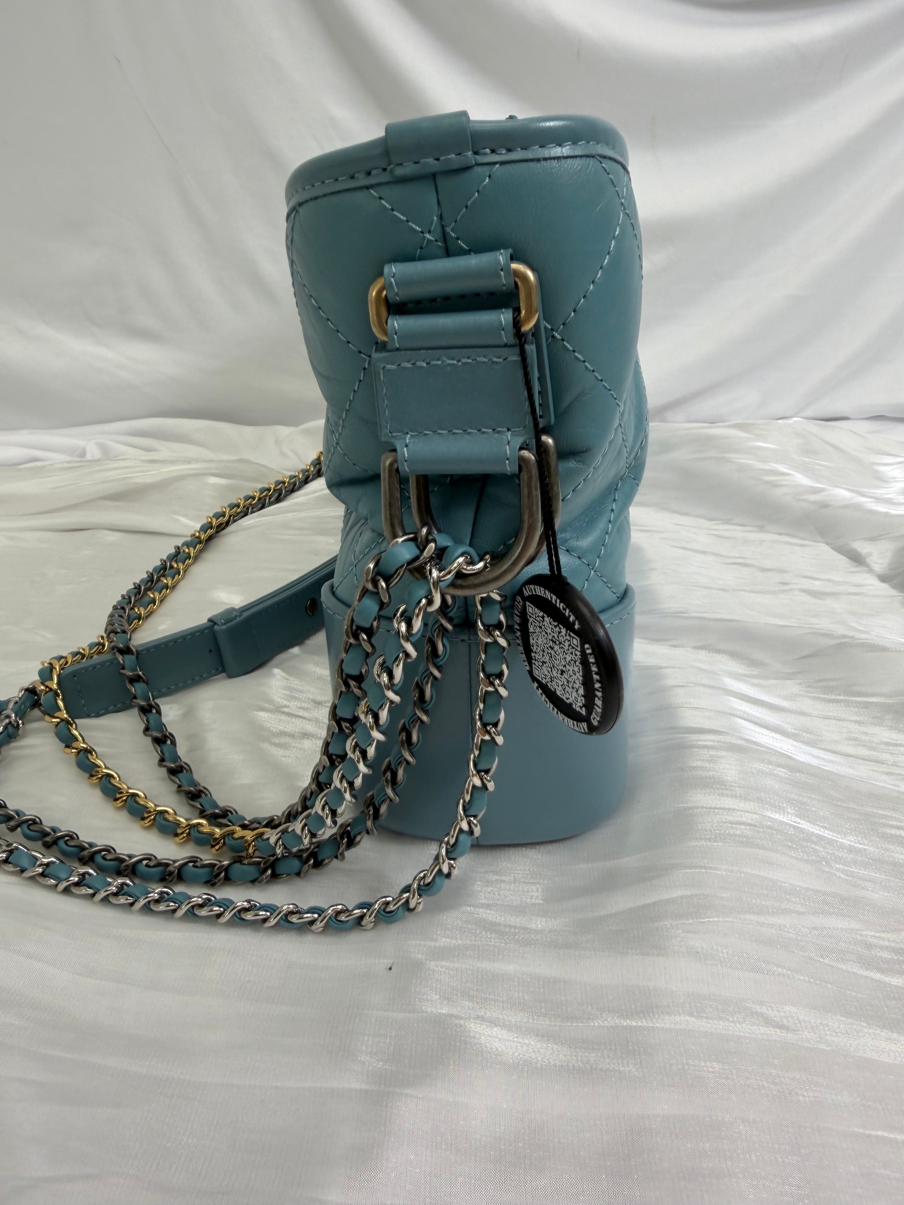 Chanel Dusty Blue Aged Quilted Calfskin Small Gabrielle Hobo Bag