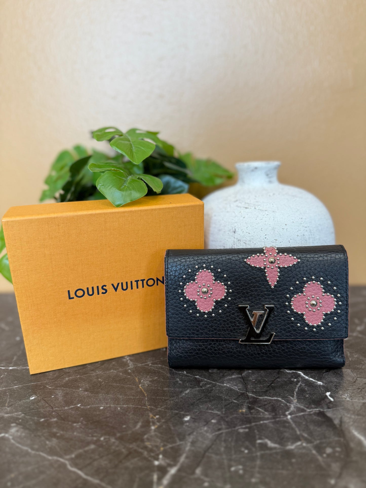 Louis Vuitton Black Leather Capucines Floral Compact Wallet