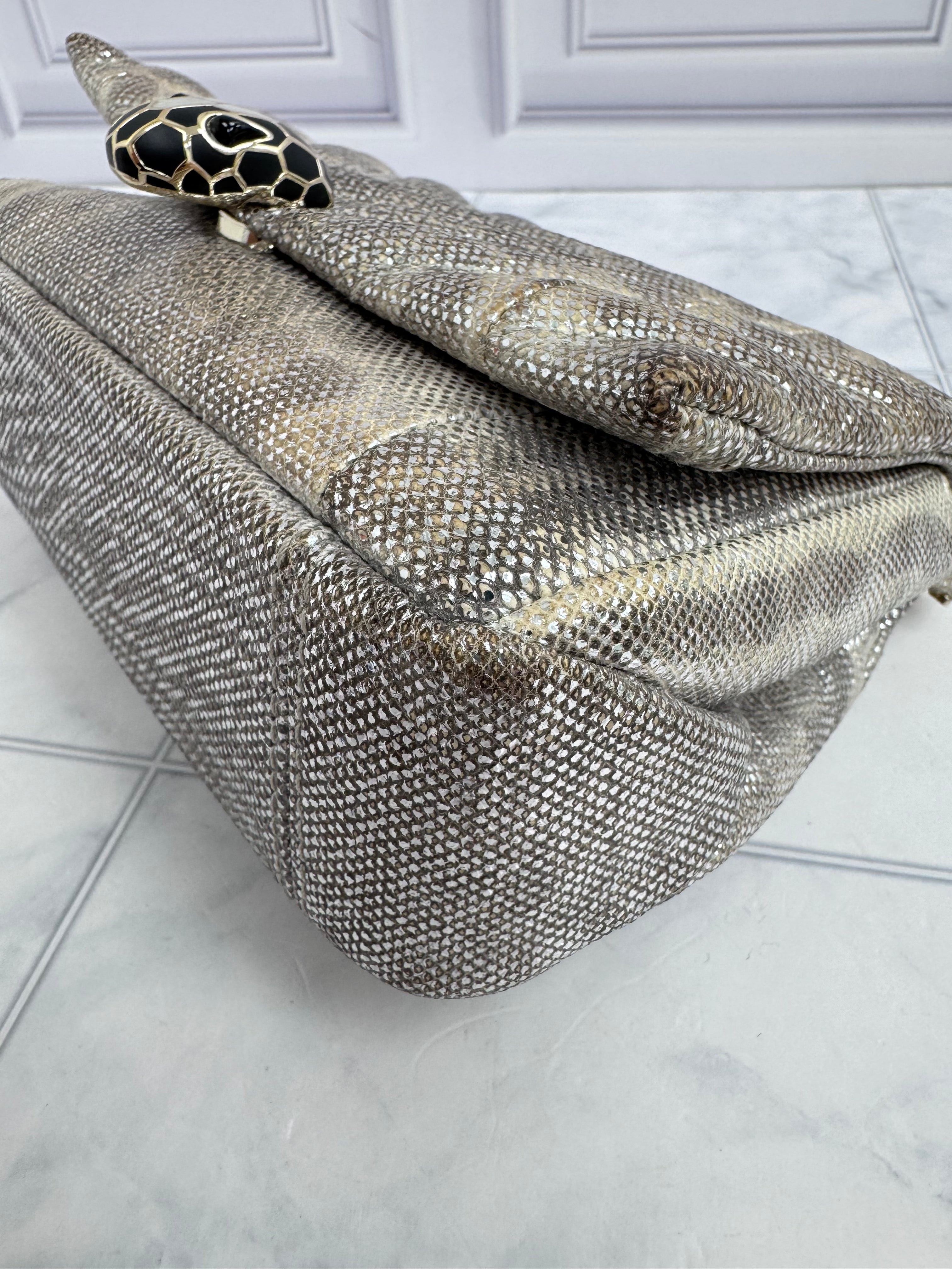 Bvlgari Silver Metallic Foiled Snake Skin Serpenti Cabochon Chain Shoulder Bag
