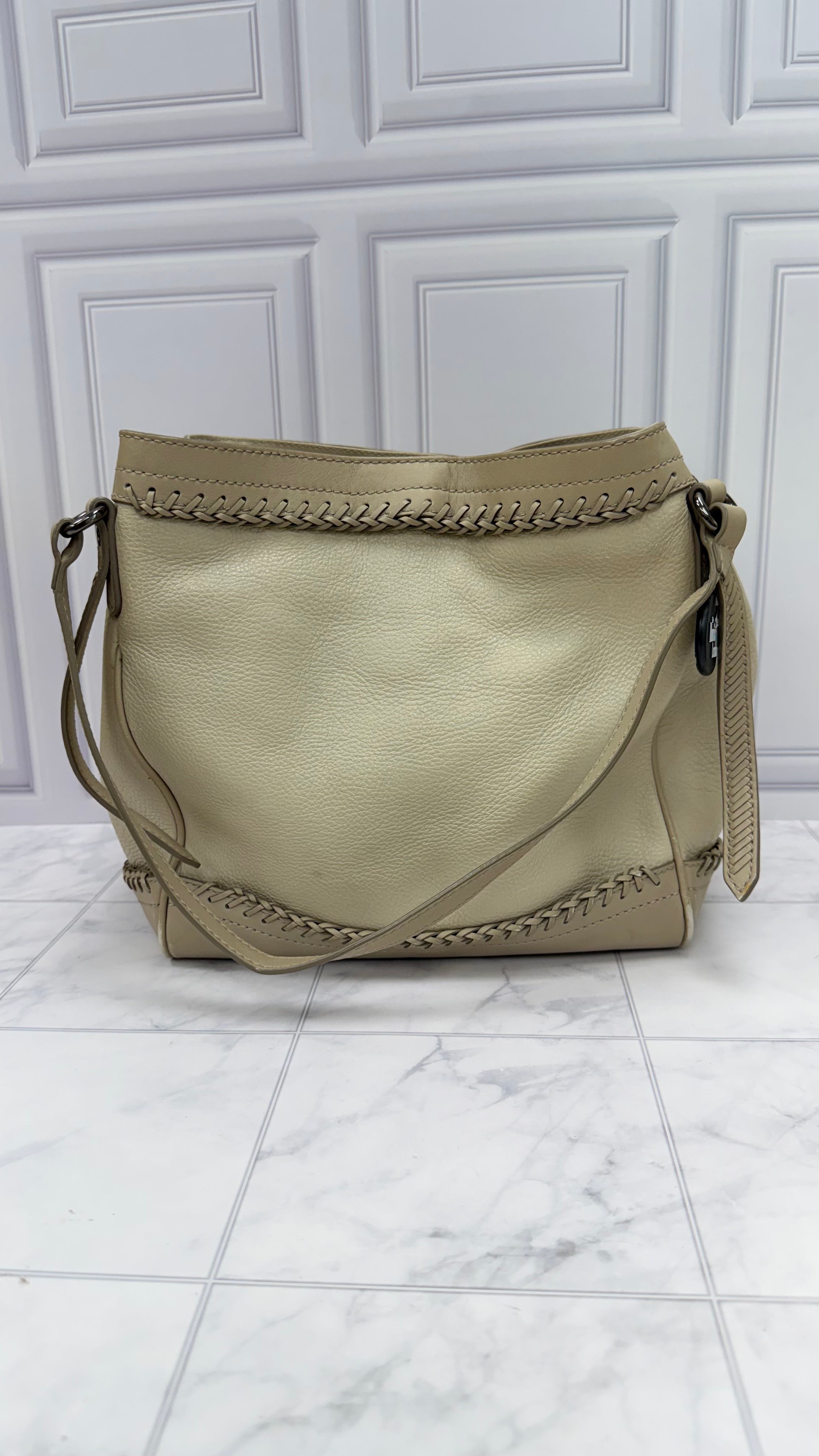 Burberry Beige Leather Woven Trim Tote Bag