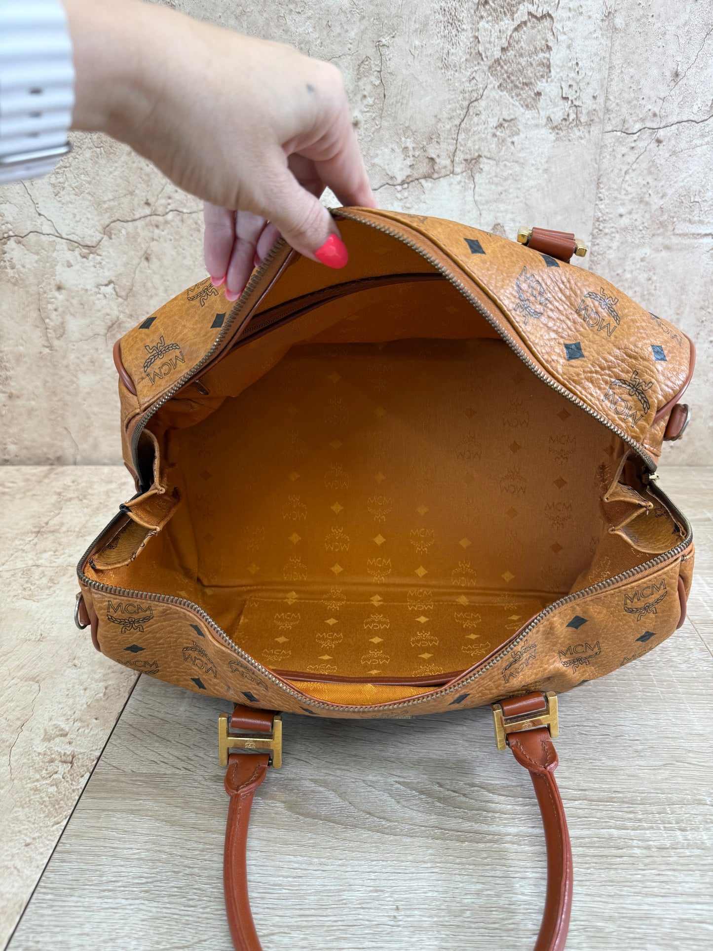 MCM Cognac Leather Visetos Boston Bag