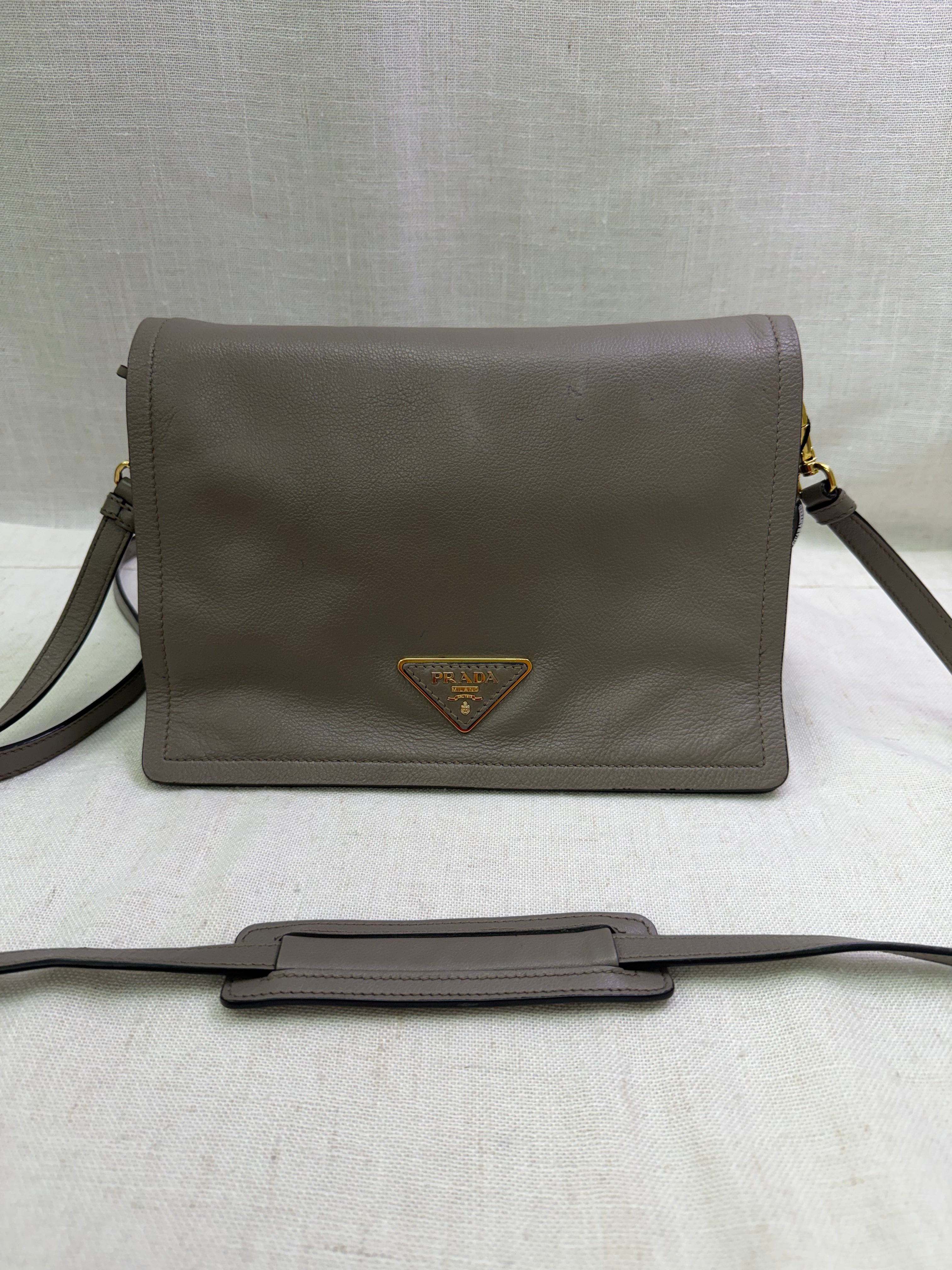 Prada Grey Leather Glace Flap Messenger Bag