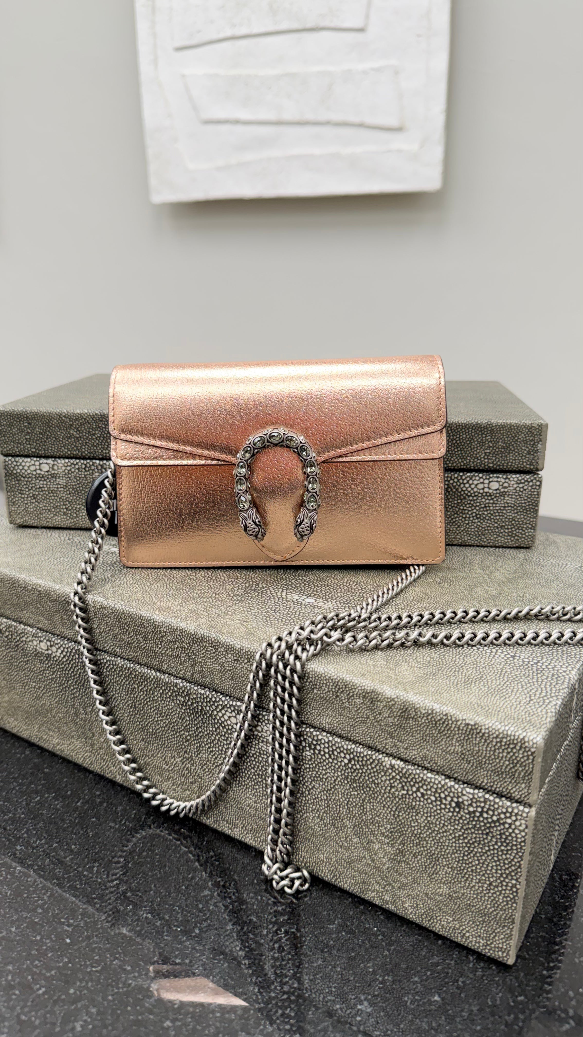 *DONS DROP* BRAND NEW- Gucci Metallic Rose Gold Super Mini Dionysus Chain Bag