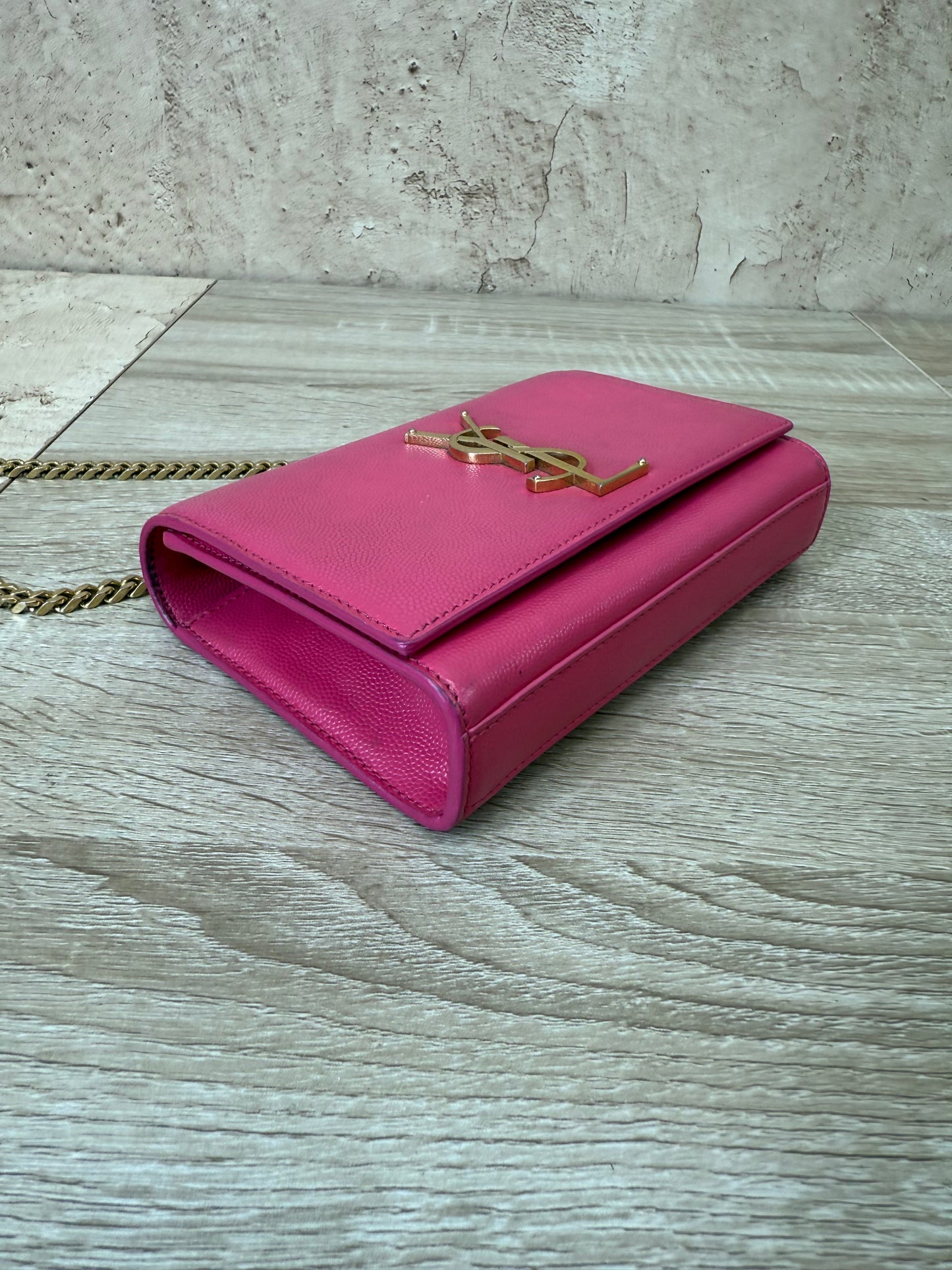 Saint Laurent YSL Hot Pink Pebbled Leather Kate Crossbody Bag