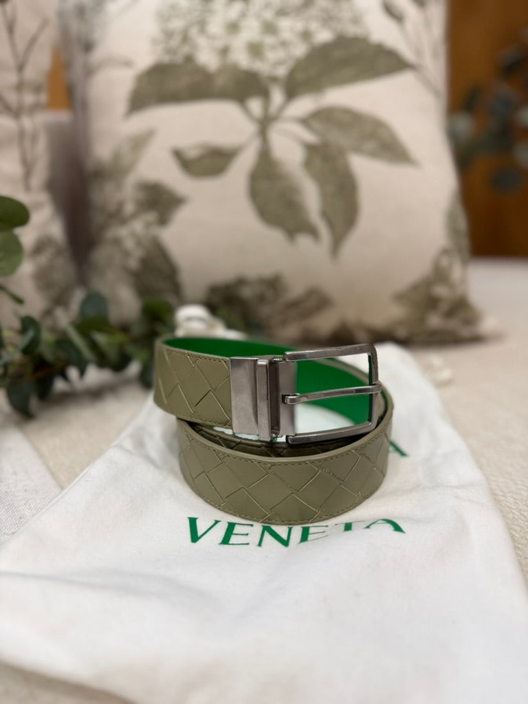 Bottega Veneta BiColor Green Intrecciato Leather Reversible Belt Size 85/34