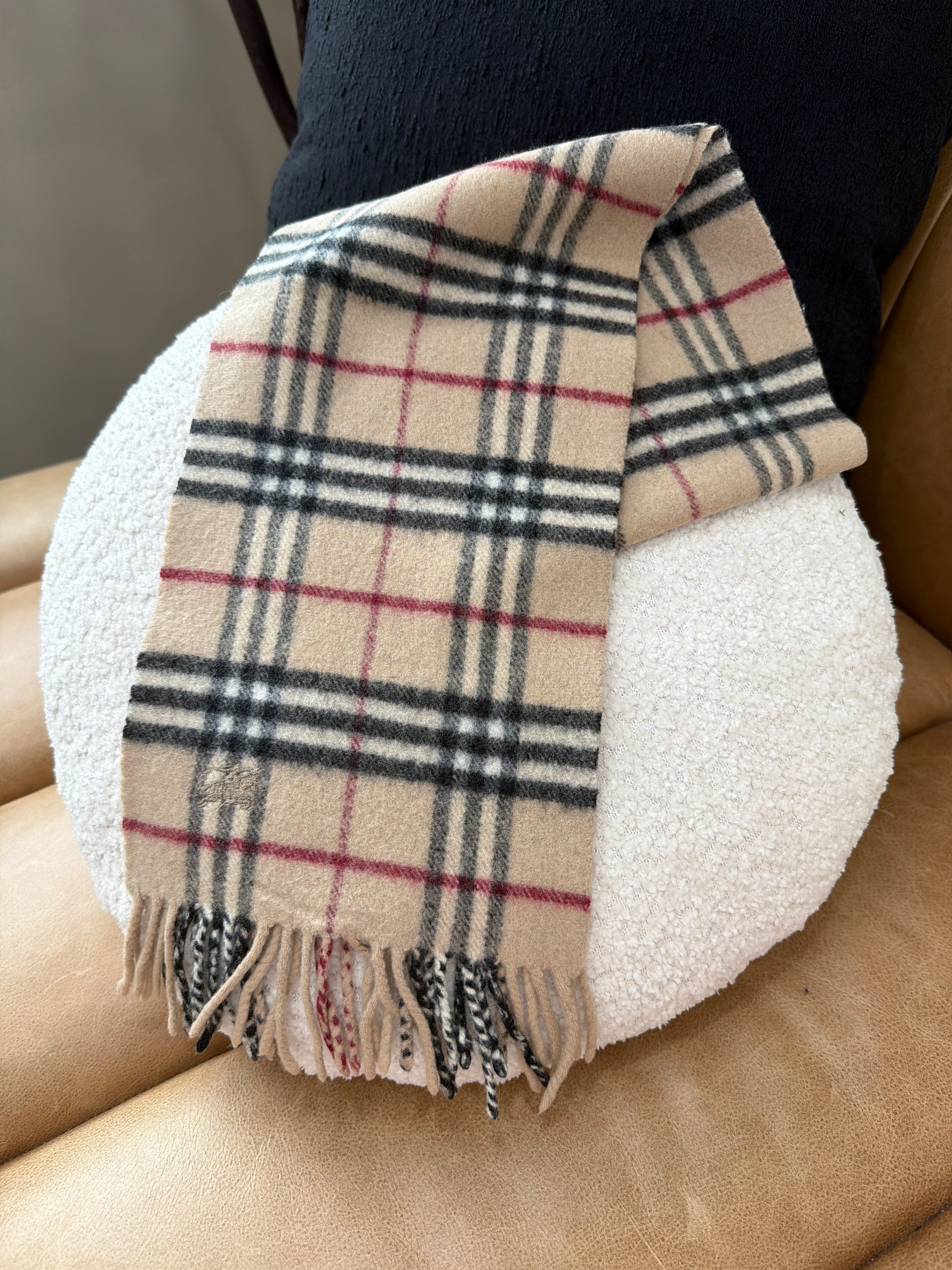 Burberry Vintage Tan And Black Novacheck Merino Wool Blend Scarf