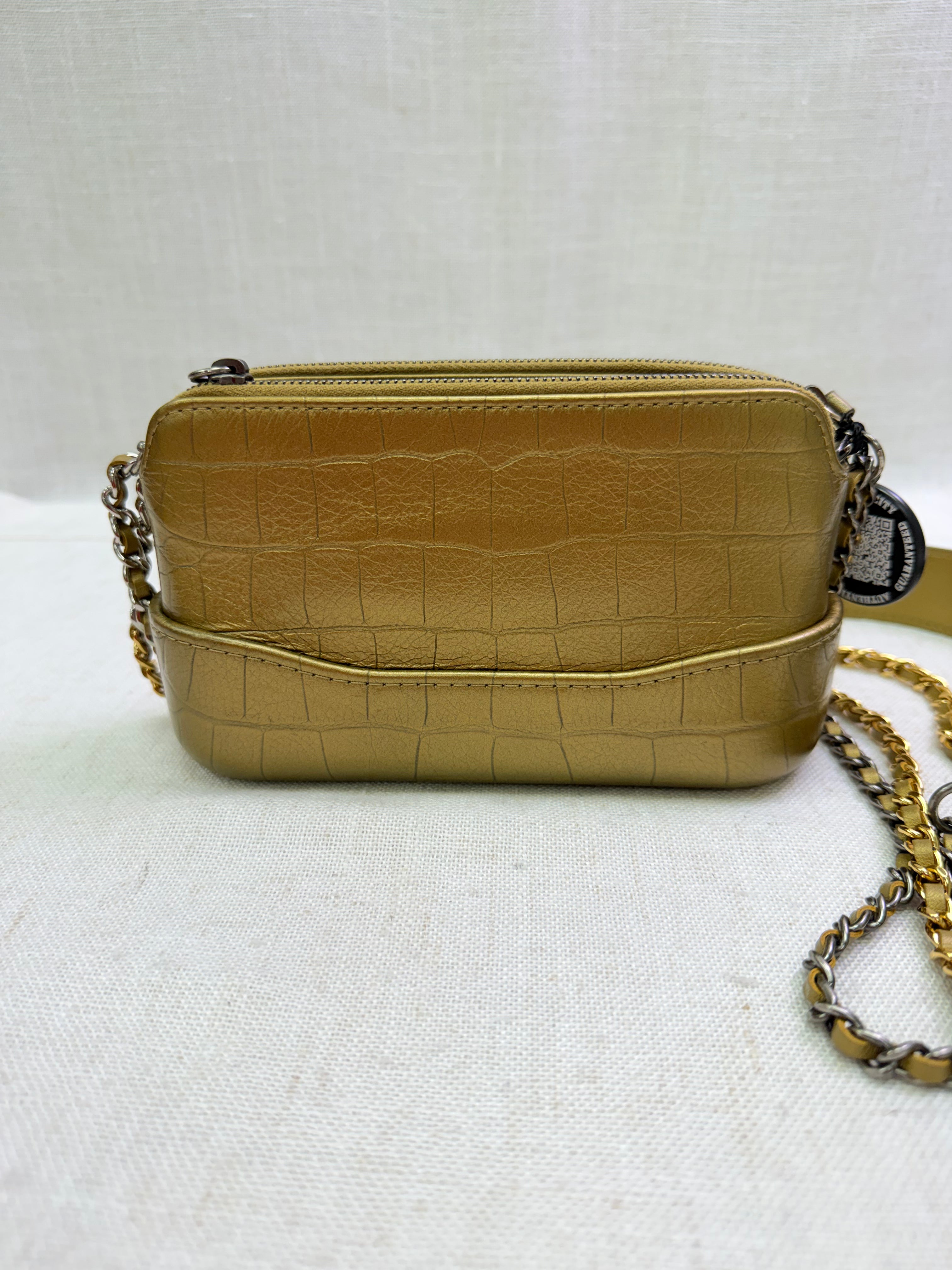 LIKE NEW- Chanel Gold Croc Embossed Calfskin Double Zip Gabrielle Clutch on a Chain