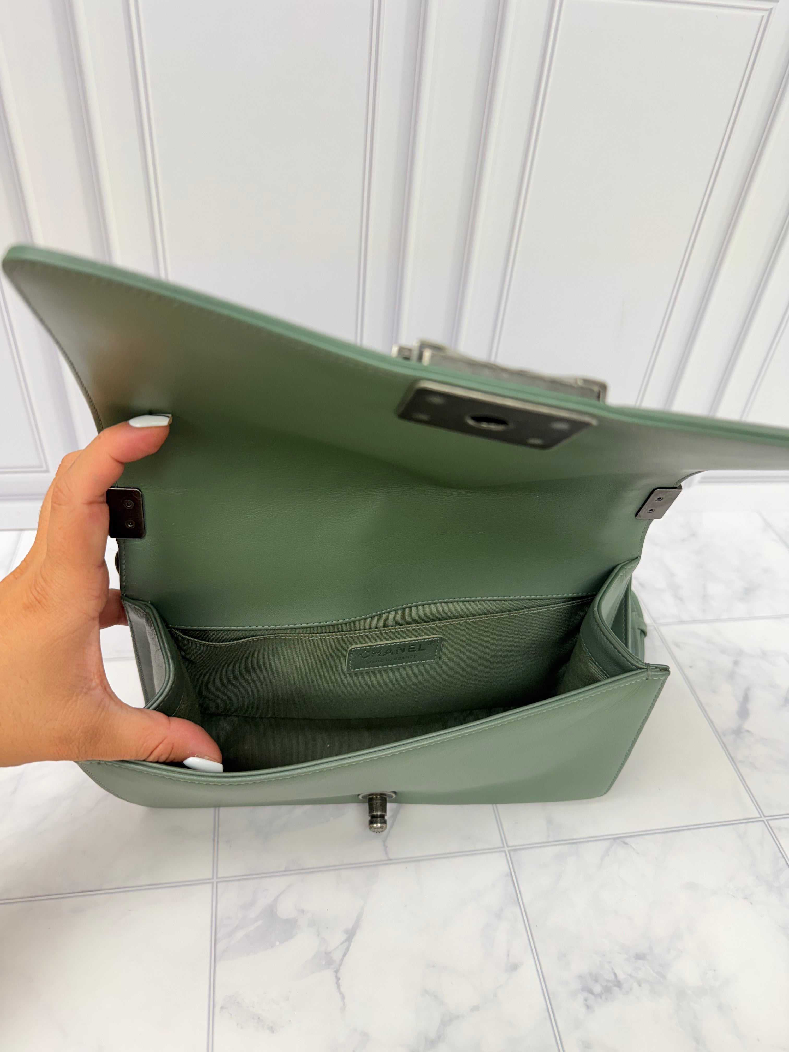 LIKE NEW - Chanel Sage Green Quilted Leather Medium Boy Bag
