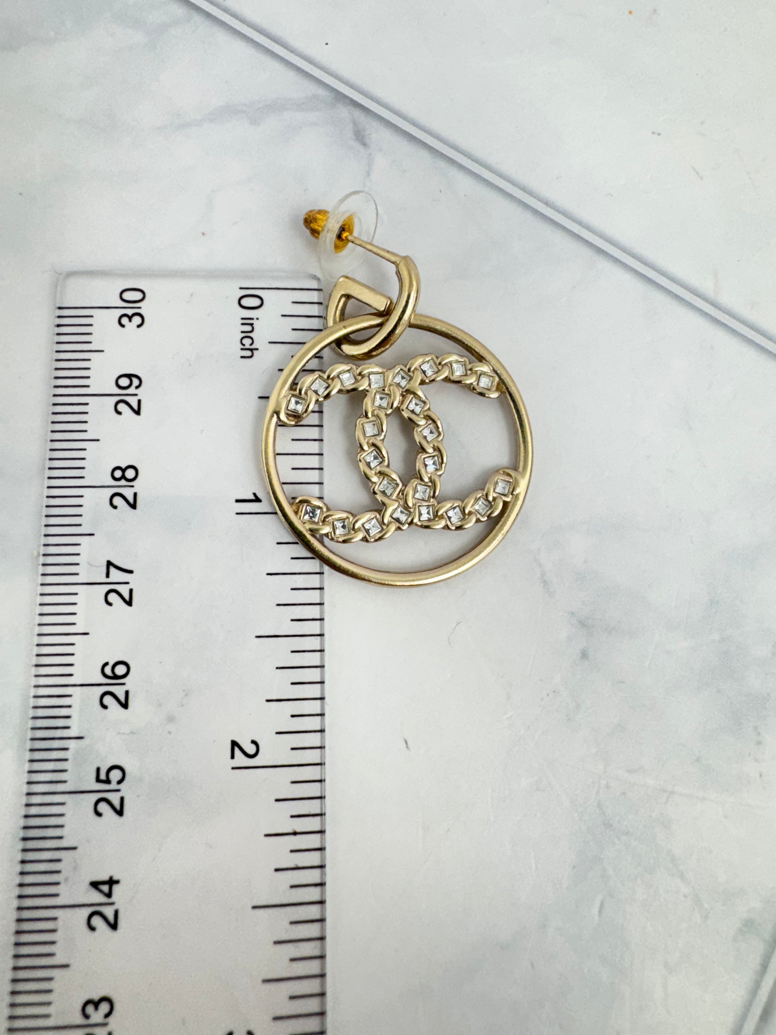 Chanel Gold Tone Crystal High Society CC Dangle Hoop Earrings