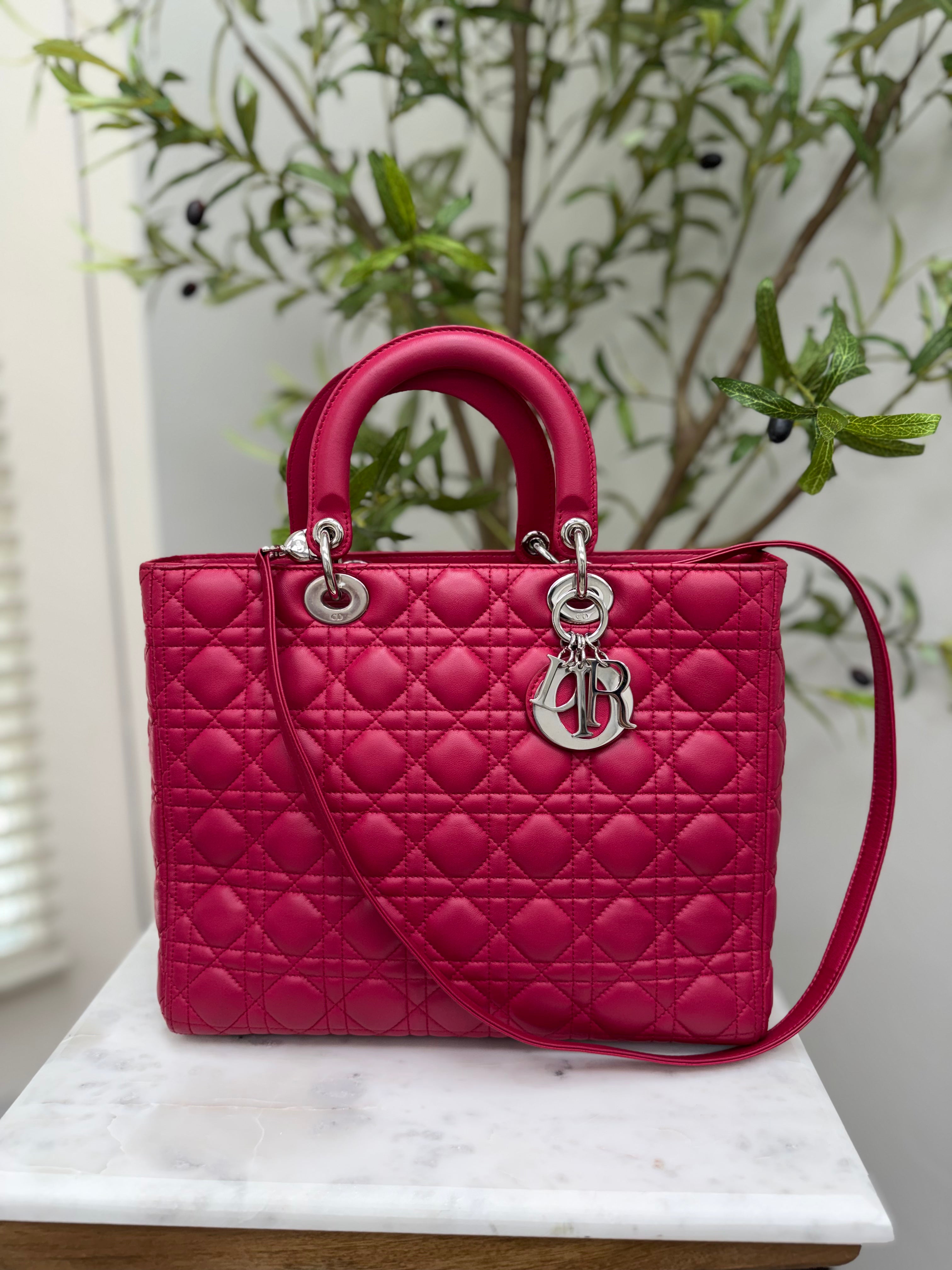 Christian Dior Raspberry Cannage Leather Large Lady Dior