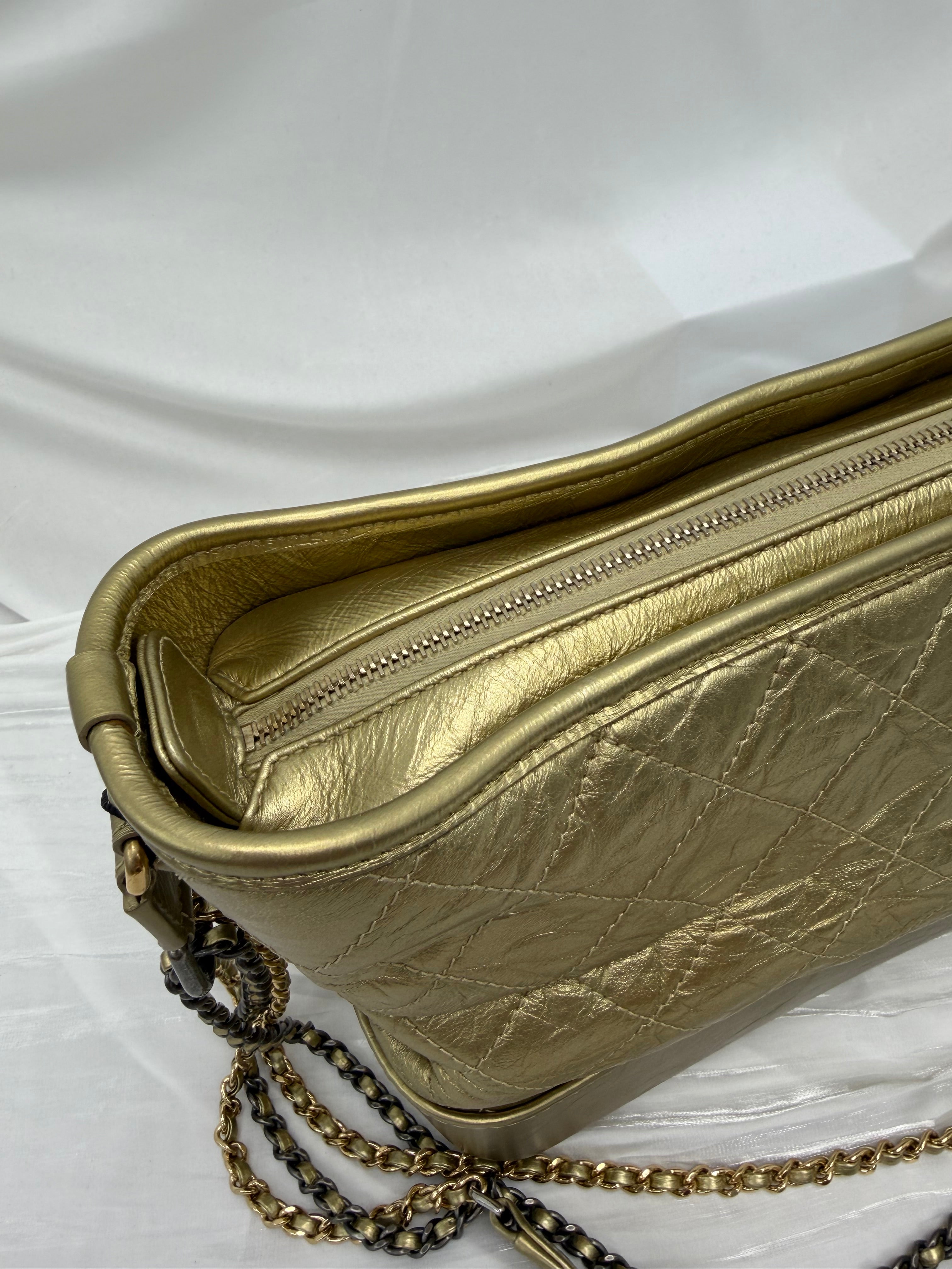 Chanel Metallic Gold Aged Quilted Calfskin Medium Gabrielle Hobo Bag