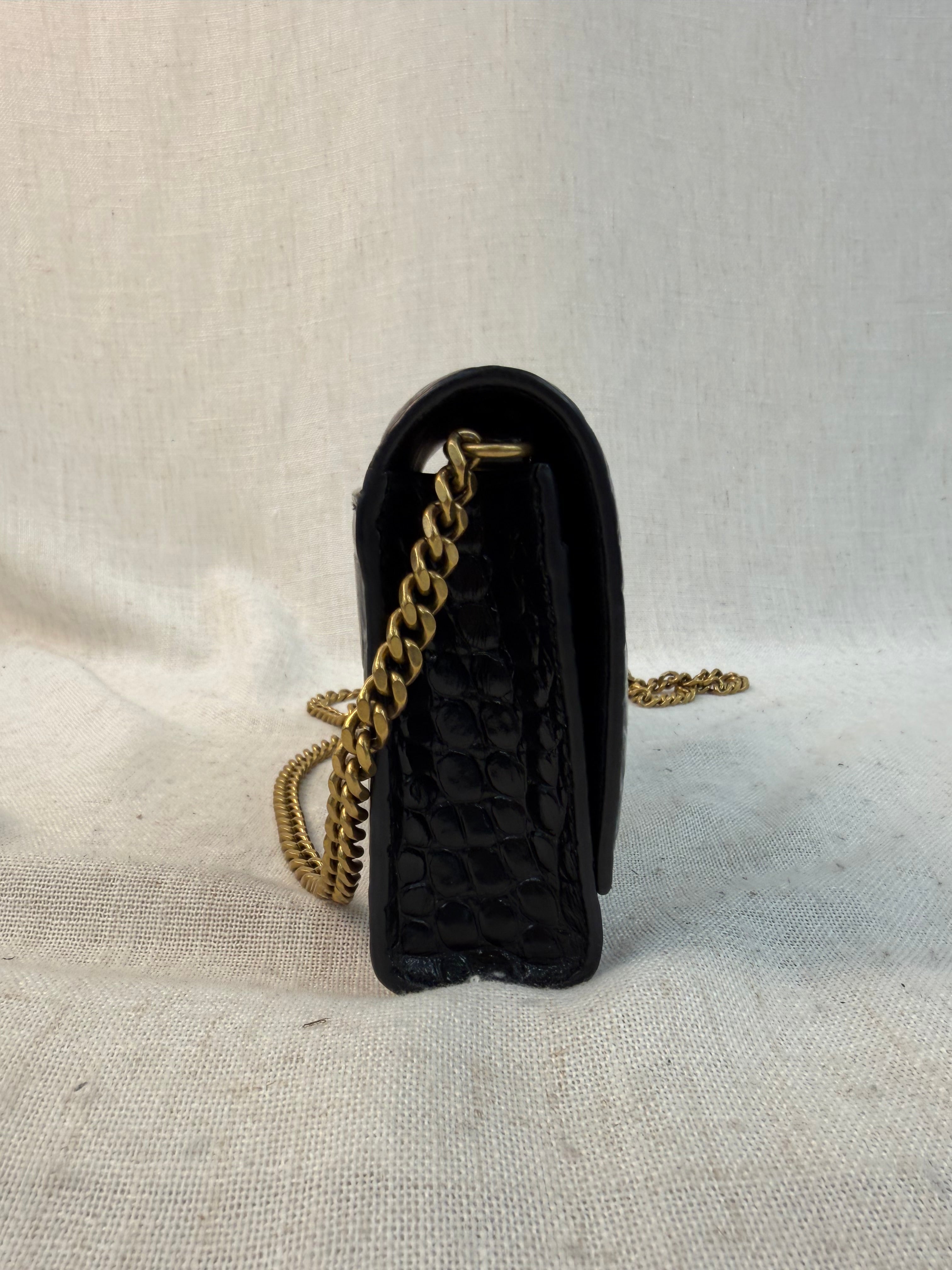 Balenciaga Black Croc Embossed Hourglass Wallet on Chain